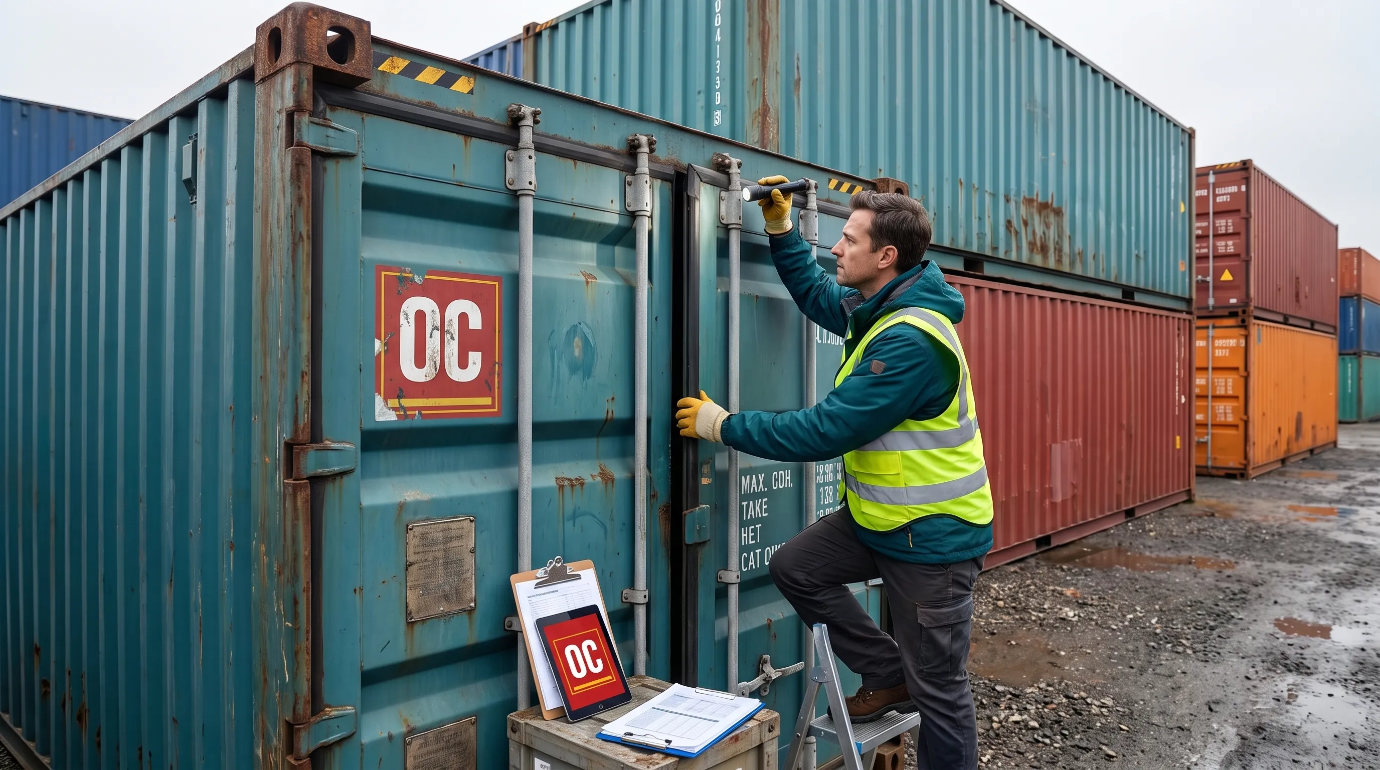 A buyer checks a cargo container’s roof, door seals and frame in a storage yard before purchase.