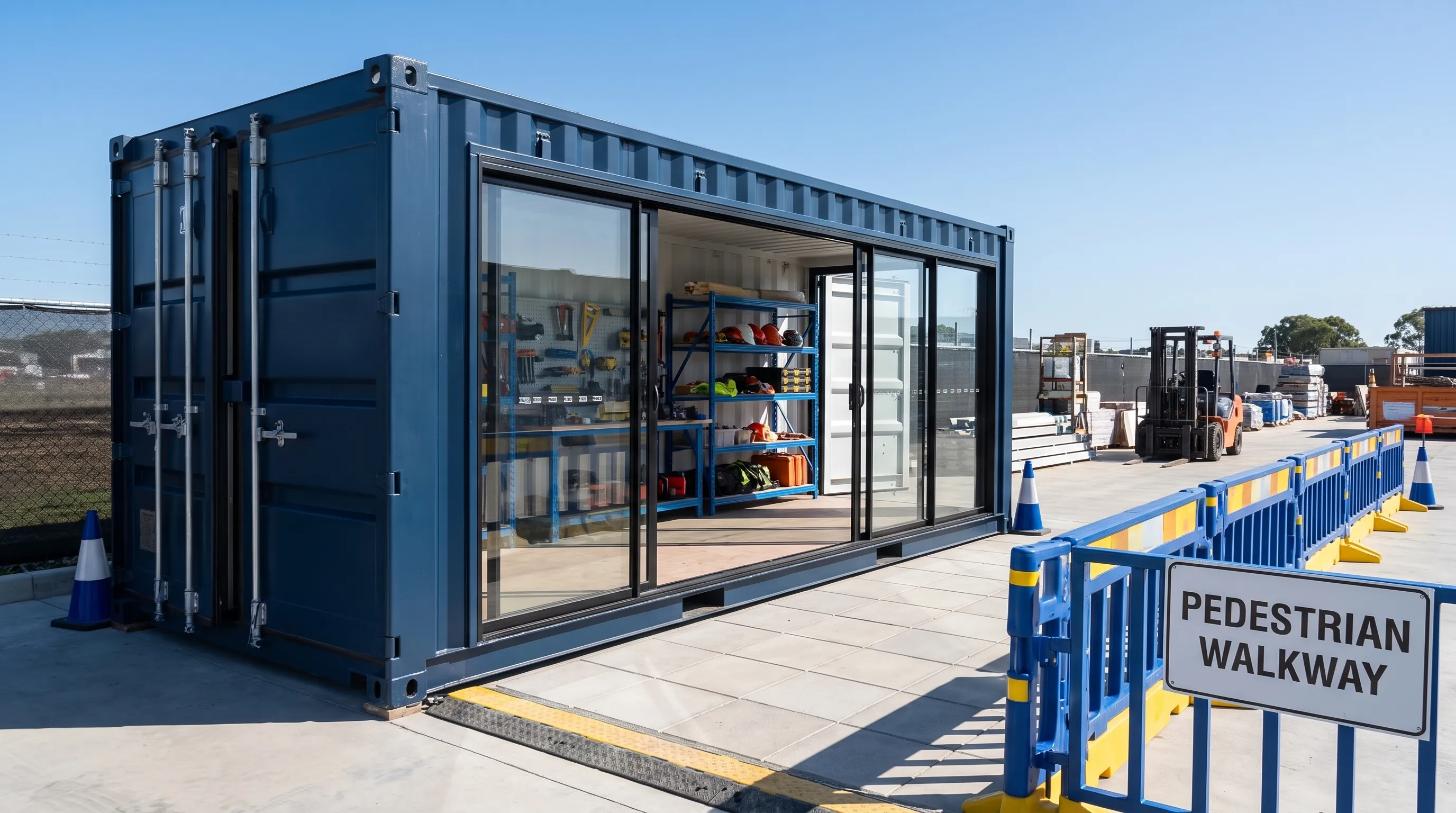 A shipping container on a level job-site pad has restrained open doors, organized shelves, a clear approach for pedestrians, and barriers between its entrance and an equipment route.
