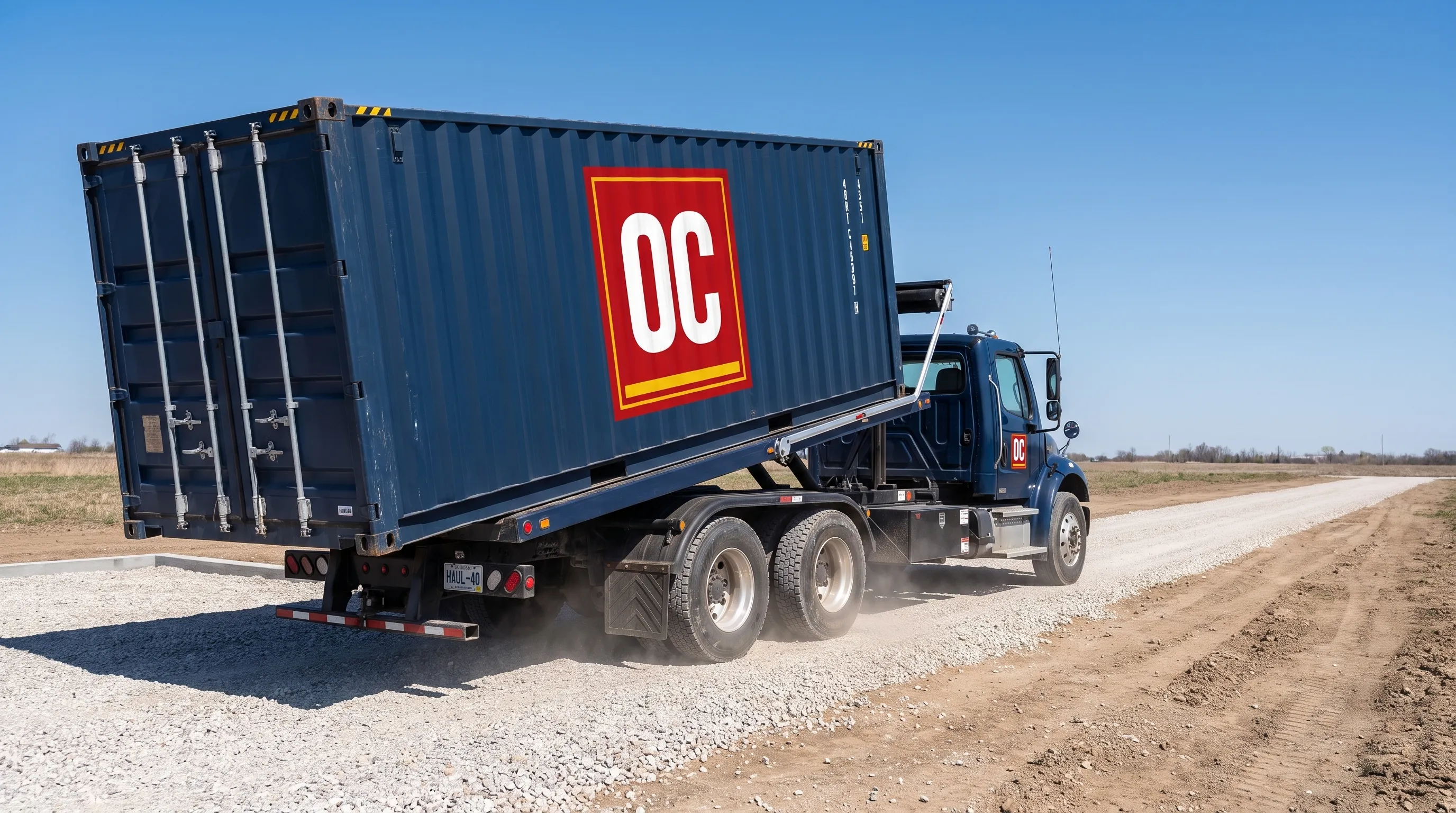 A 40ft shipping container is lined up with a tilt-bed truck beside a level gravel pad and a straight unloading lane.