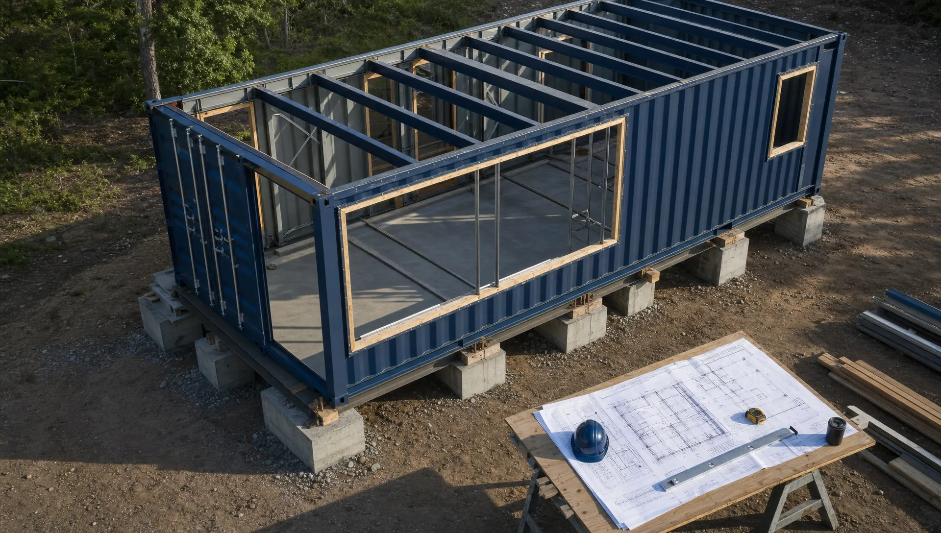 A permitted conex house build on a concrete pier foundation, with the high cube shipping container shell shown from an overhead angle, framed window openings, structural steel reinforcement, and building plans spread on a work table beside the foundation.