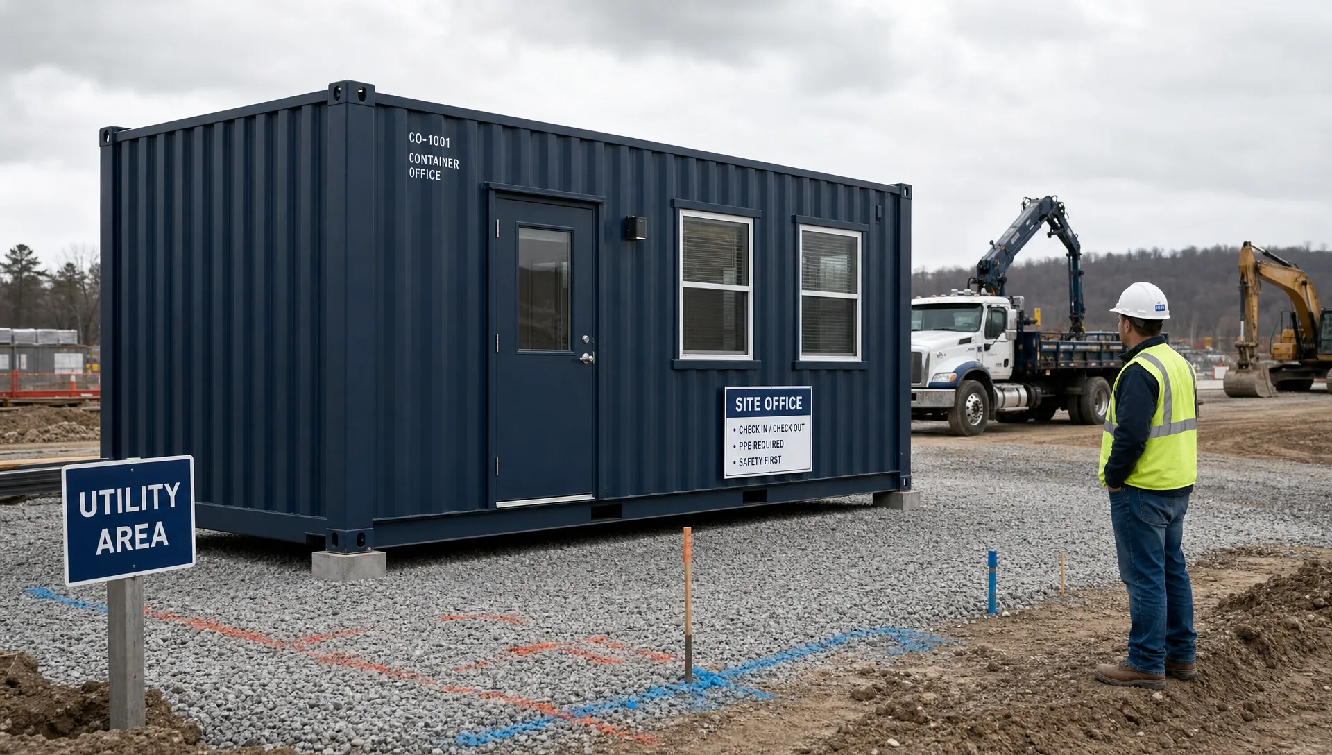 A shipping container office parked on a prepared gravel pad at a construction site, with clear truck access, marked utility areas, and a worker checking corner alignment from a safe distance.