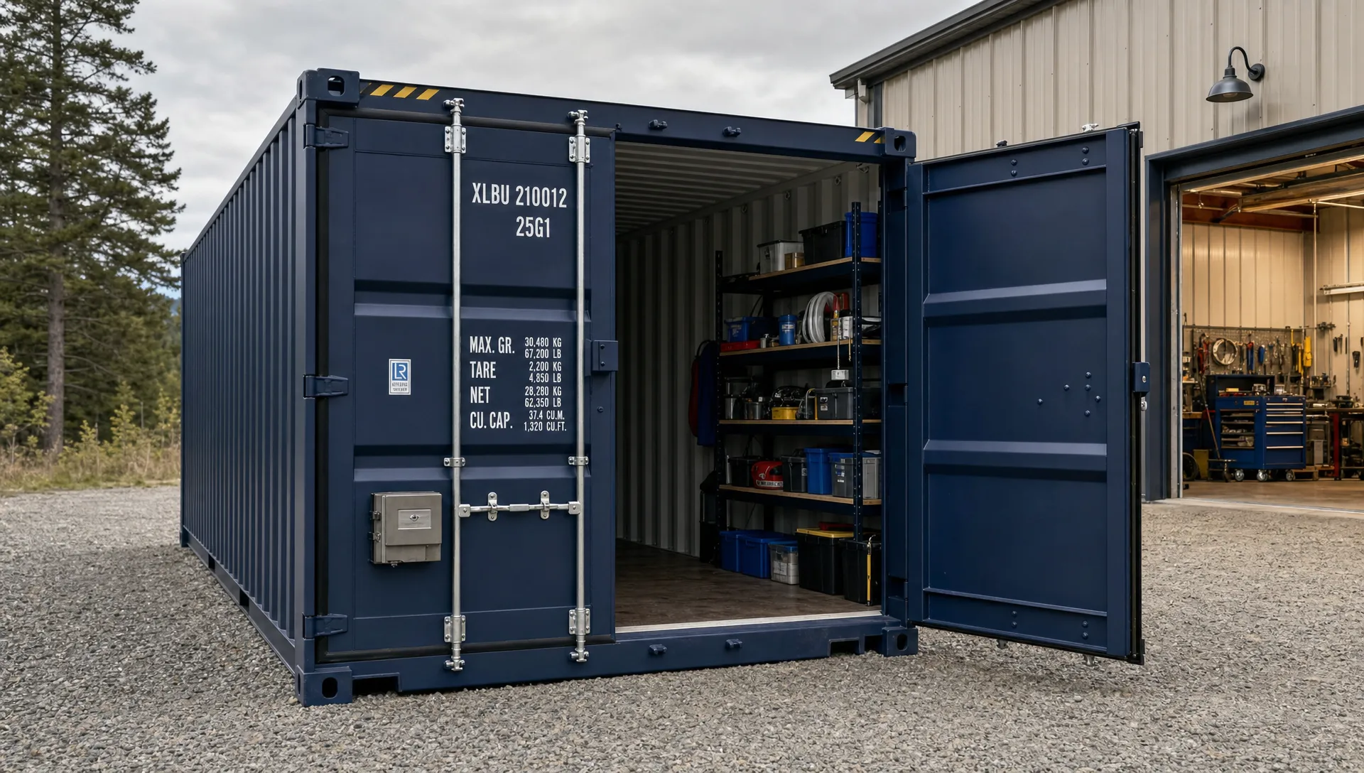 A wind and watertight shipping container sits on a level gravel pad beside a workshop, with lockbox-secured doors, shelves inside and clear delivery access.