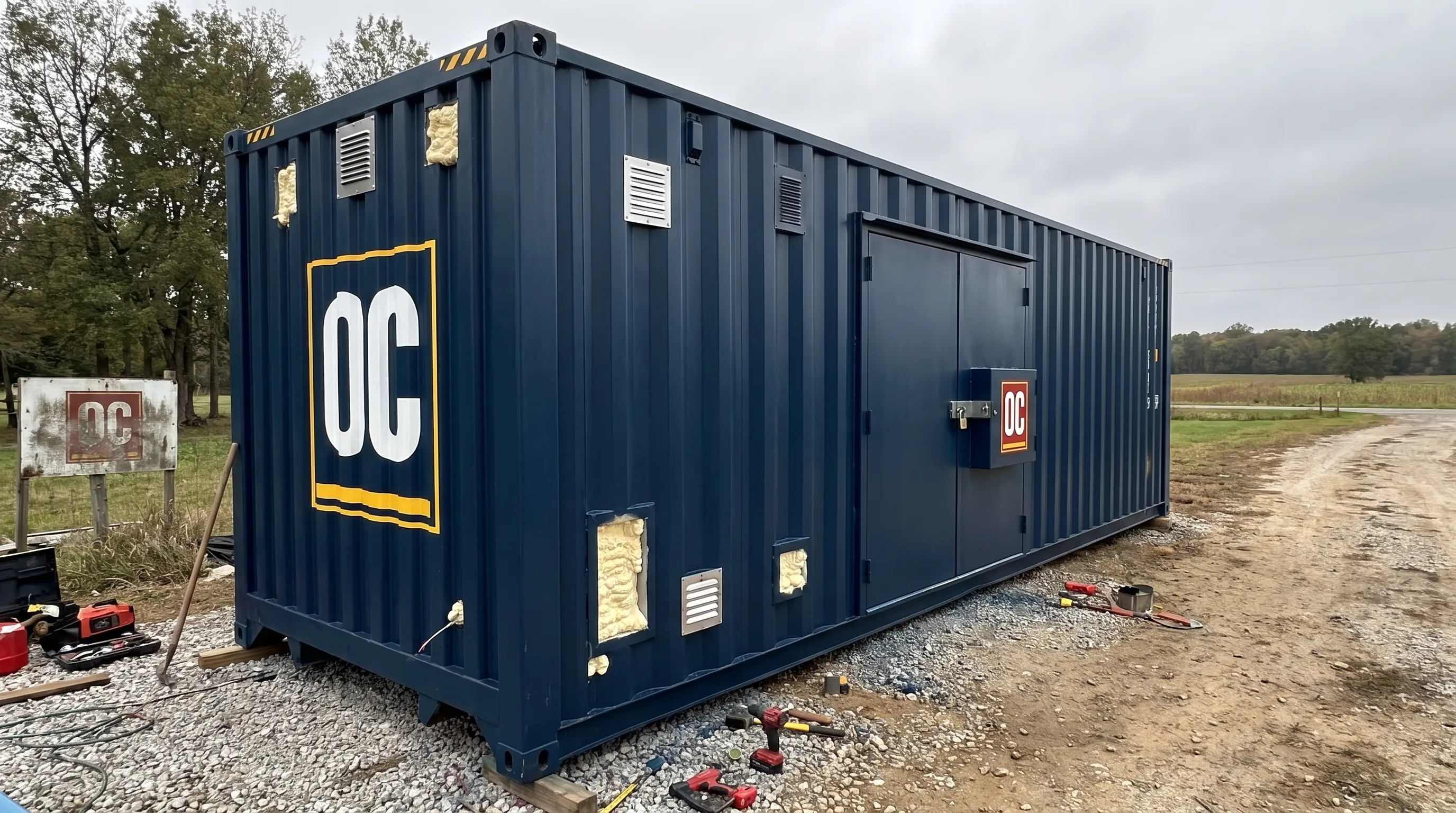 A 40ft high cube shipping container at a rural job site shows added doors, vents, insulation, and a secure lockbox.