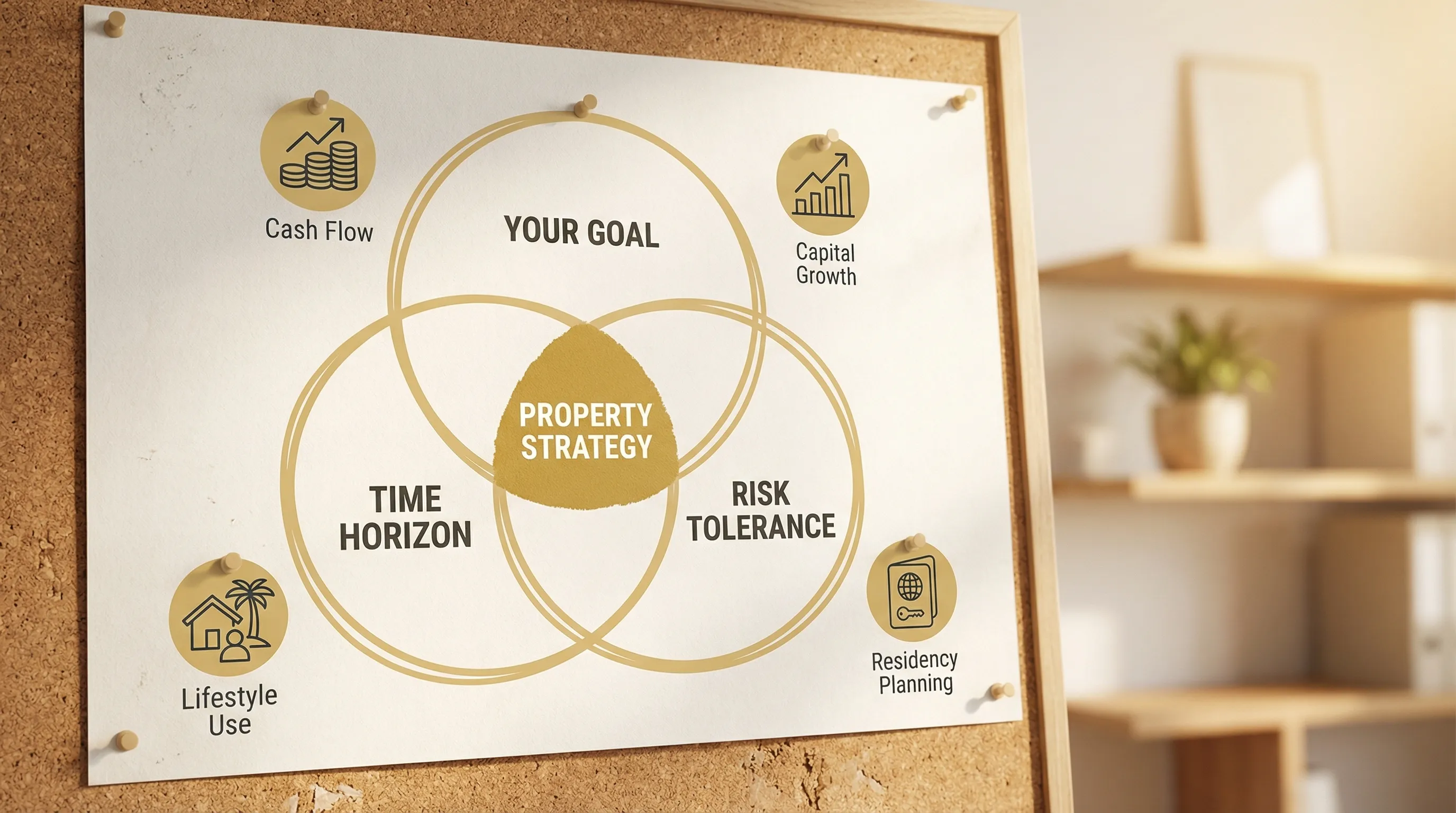 A simple diagram showing three overlapping circles labelled “Your Goal”, “Time Horizon”, and “Risk Tolerance”, with the centre overlap labelled “Property Strategy”. Small icons around it represent cash flow, capital growth, lifestyle use, and residency planning.