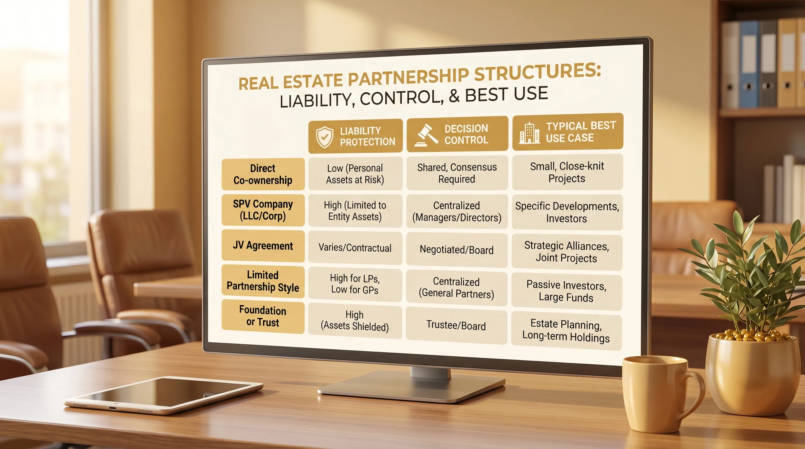 A clean comparison chart showing five real estate partnership structures (direct co-ownership, SPV company, JV agreement, limited partnership style, foundation or trust) with three columns: liability protection, decision control, and typical best use case.