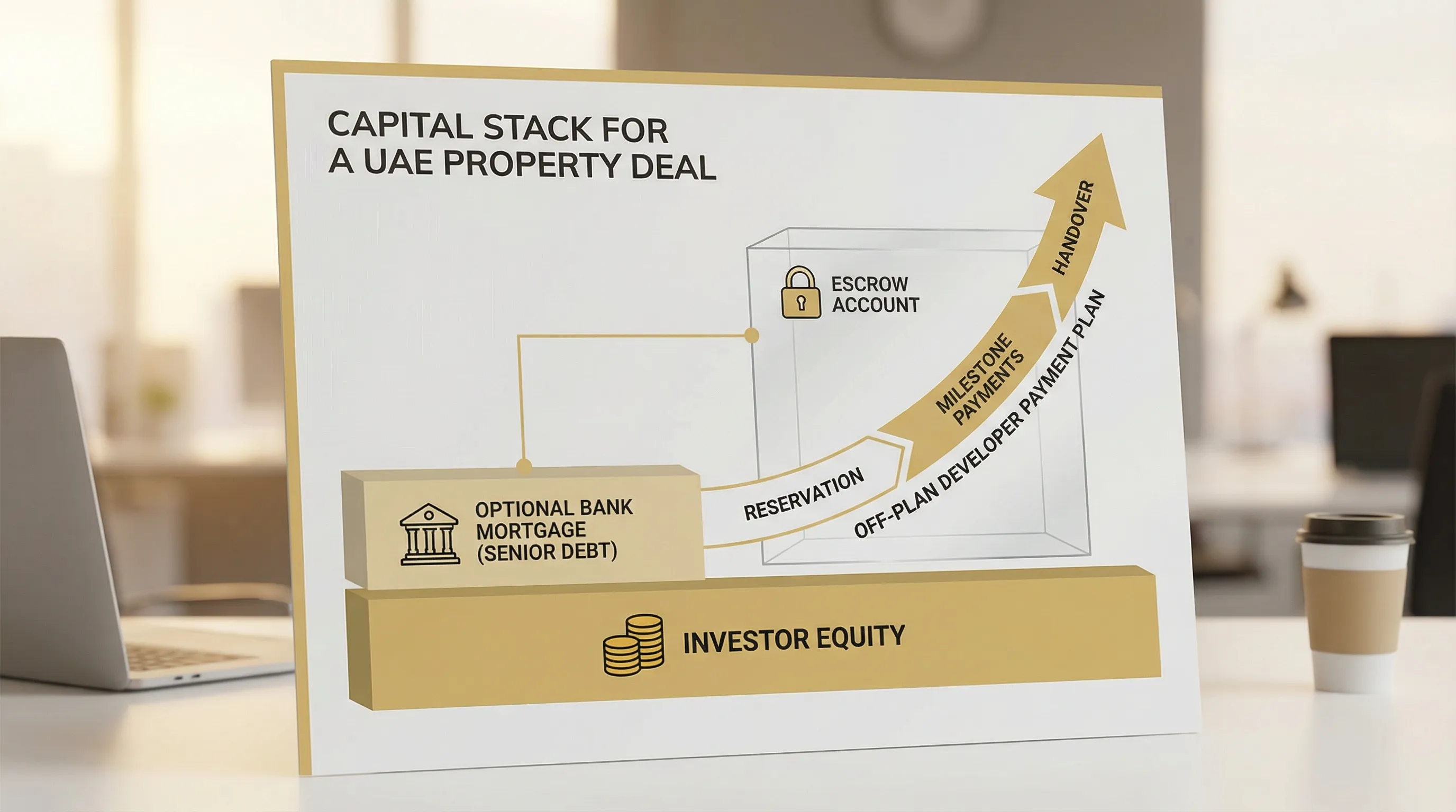 A simple diagram showing a UAE property deal capital stack: investor equity at the bottom, optional bank mortgage as senior debt above it, and an off-plan developer payment plan timeline flowing from reservation to handover, with an escrow account box protecting milestone payments.
