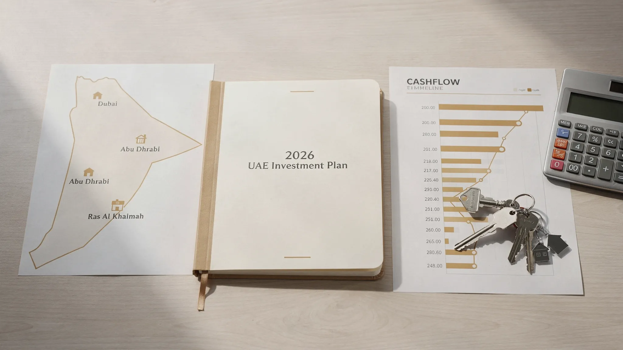 A high-level UAE property investment planning scene: a desk with a notebook titled “2026 UAE Investment Plan”, a simple map outline of UAE with Dubai, Abu Dhabi, and Ras Al Khaimah marked, and a calculator and keys placed beside a printed cashflow timeline.
