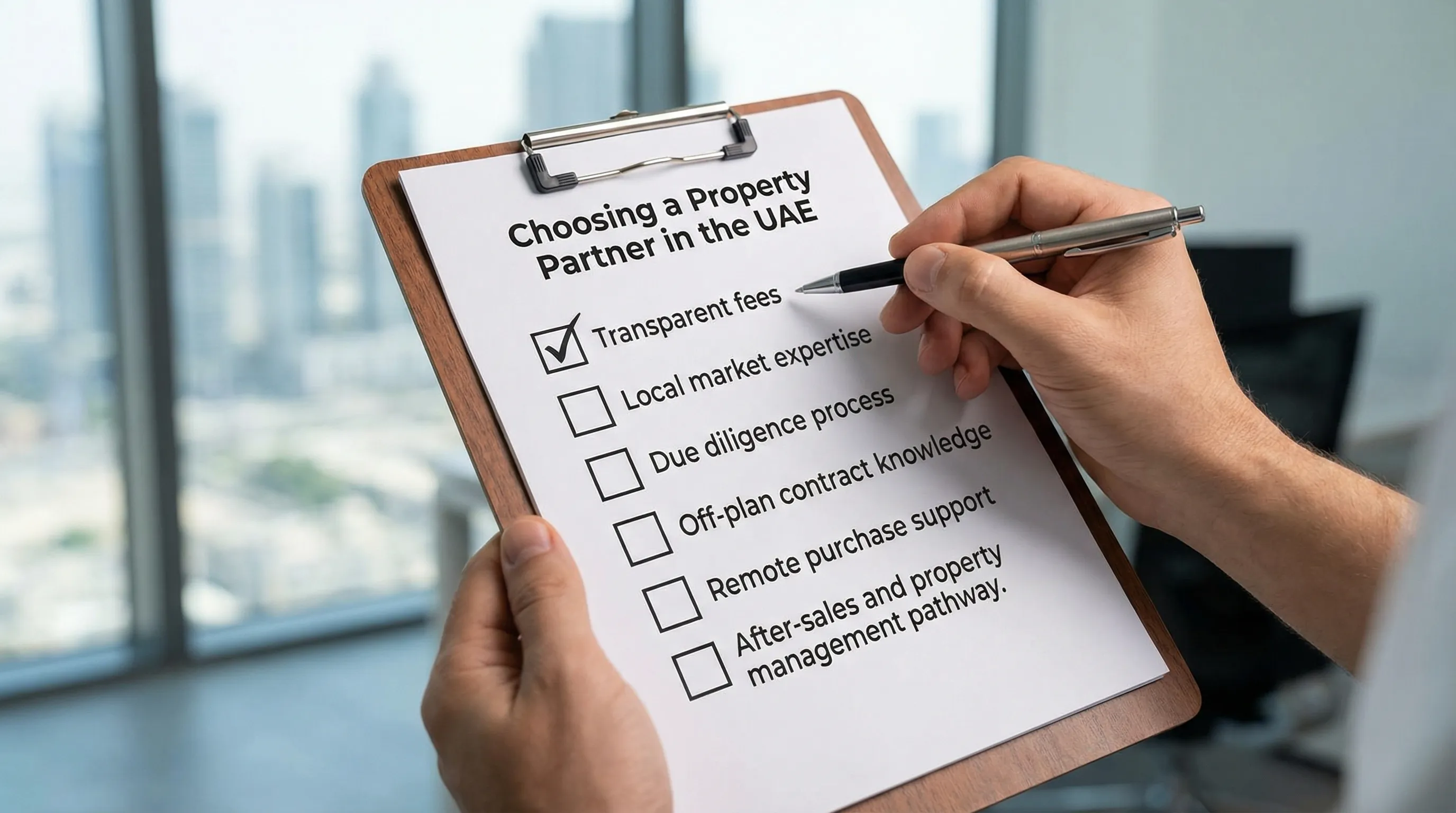 A checklist-style graphic titled “Choosing a Property Partner in the UAE” with tick boxes for: Transparent fees, Local market expertise, Due diligence process, Off-plan contract knowledge, Remote purchase support, After-sales and property management pathway.