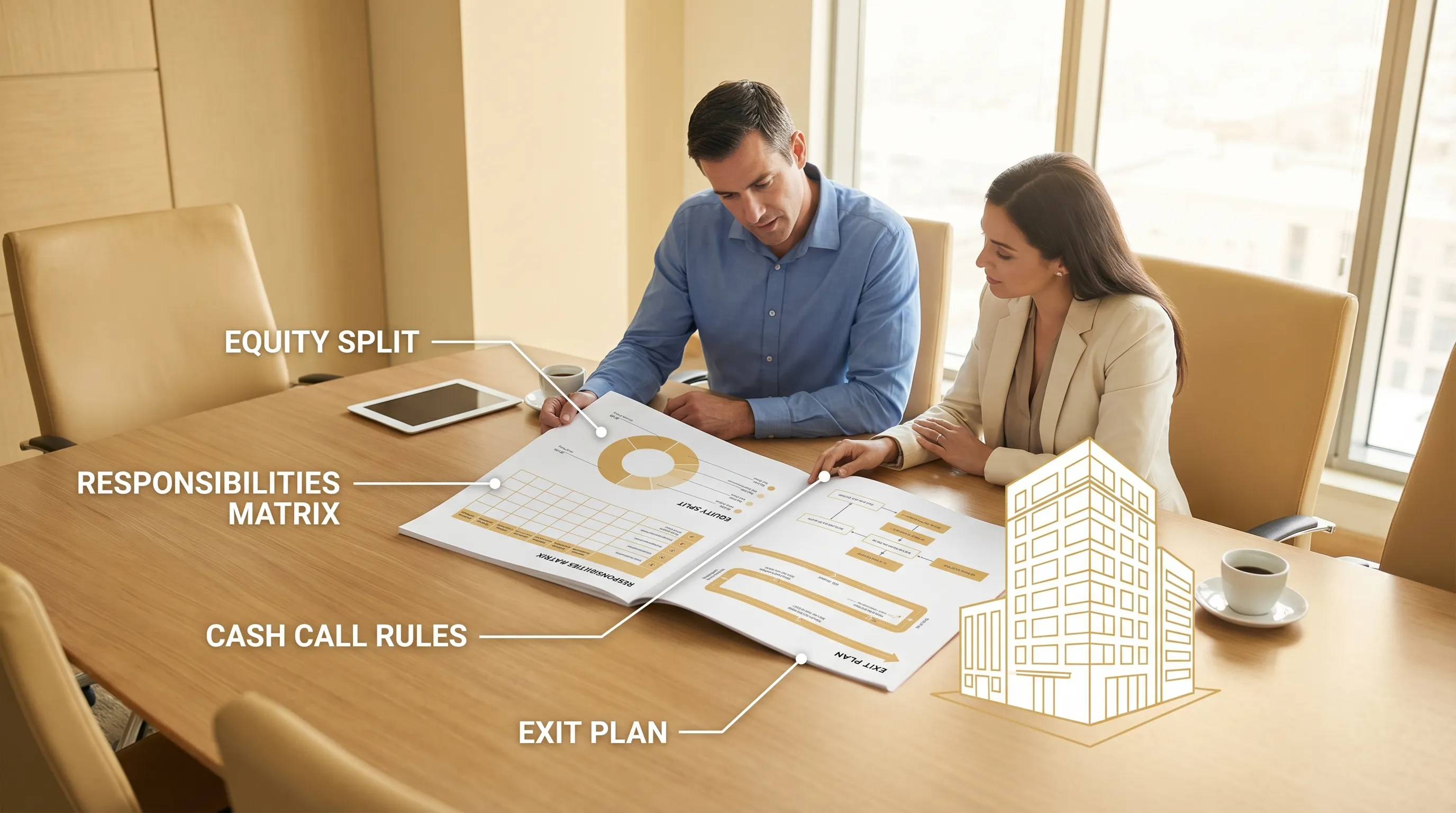 A clean, professional illustration of two property investors reviewing a partnership agreement at a table, with labelled callouts for equity split, responsibilities matrix, cash call rules, and exit plan, alongside a simple outline of a building to represent a real estate asset.