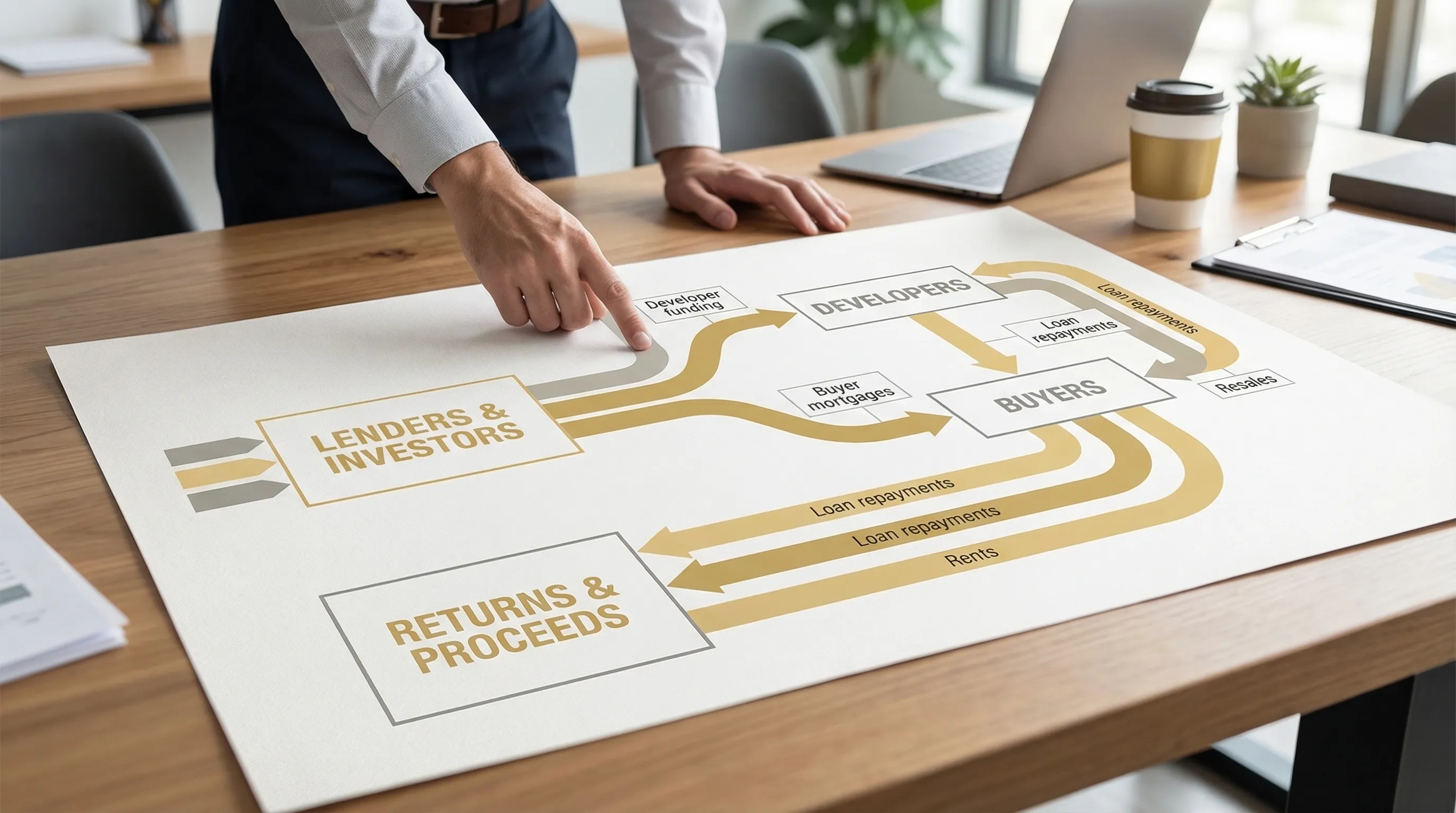 A simple flow diagram showing capital flowing from lenders and investors into developers and buyers, then returning via loan repayments, rents, and resale proceeds. Include labels: “Debt”, “Equity”, “Developer funding”, “Buyer mortgages”, “Rents”, “Resales”.