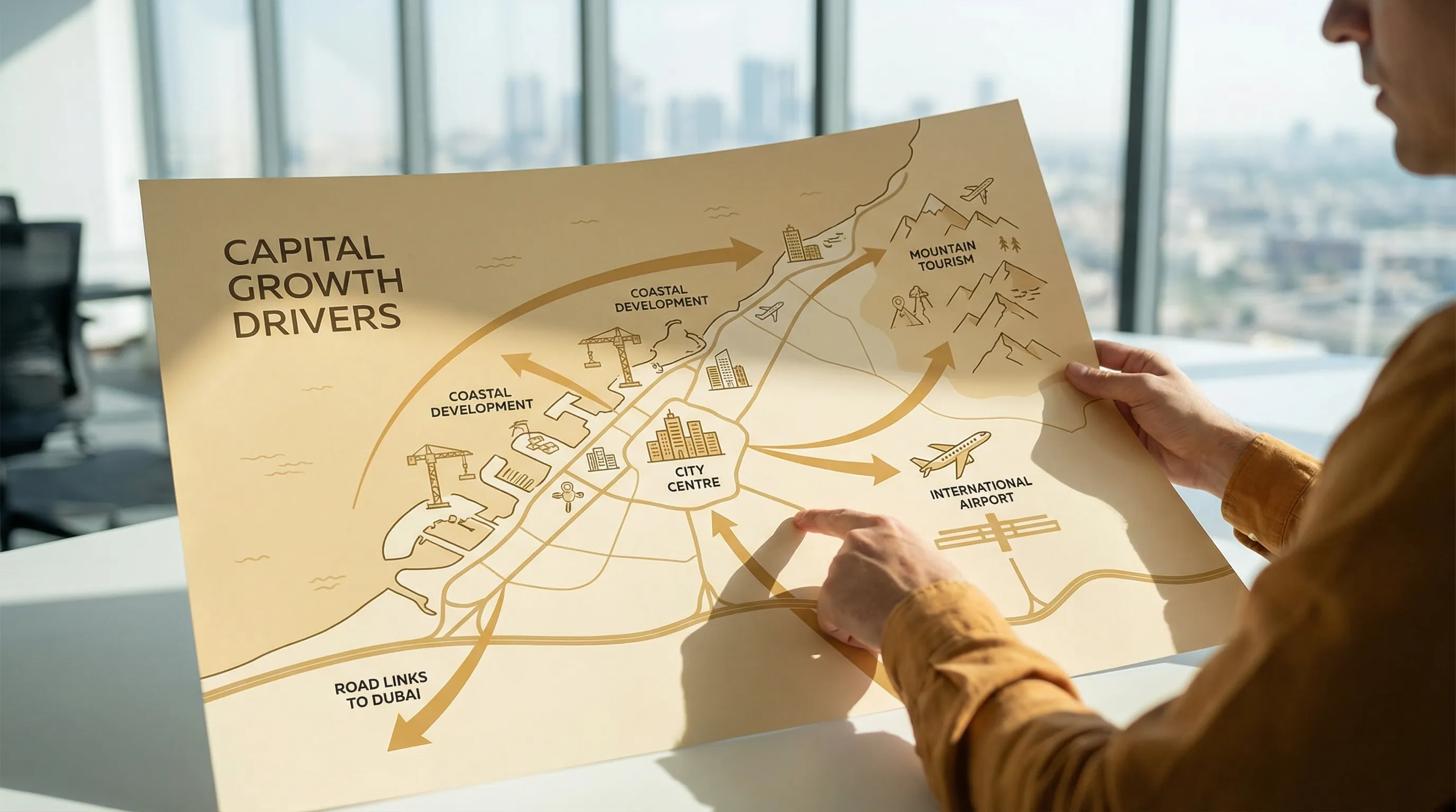 A clean illustrated map of Ras Al Khaimah showing key growth corridors and nodes such as coastal waterfront zones, city centre, major road links toward Dubai, the airport, and mountain tourism areas, with simple labels and arrows indicating capital growth drivers.