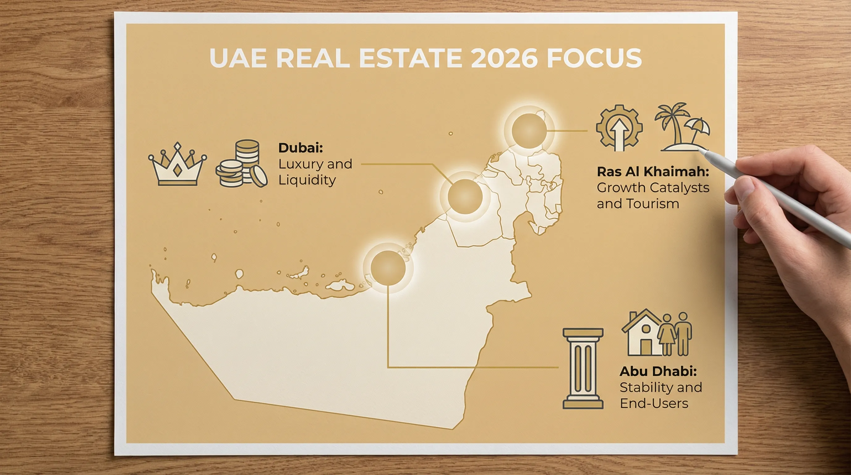 A clean infographic-style illustration showing the UAE map with three highlighted hubs (Dubai, Abu Dhabi, Ras Al Khaimah). Next to each hub are simple icons representing the 2026 focus: Dubai (luxury and liquidity), Abu Dhabi (stability and end-users), Ras Al Khaimah (growth catalysts and tourism).