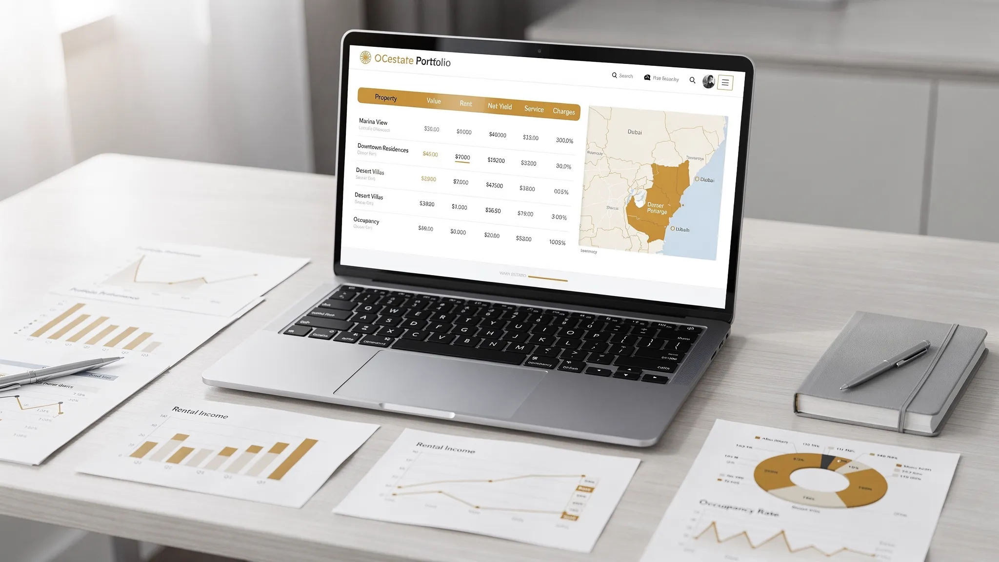 A clean, professional real estate portfolio dashboard on a desk with printed charts and a laptop showing a simple table of properties, columns for value, rent, net yield, service charges, and occupancy, plus a small UAE map inset highlighting key emirates.