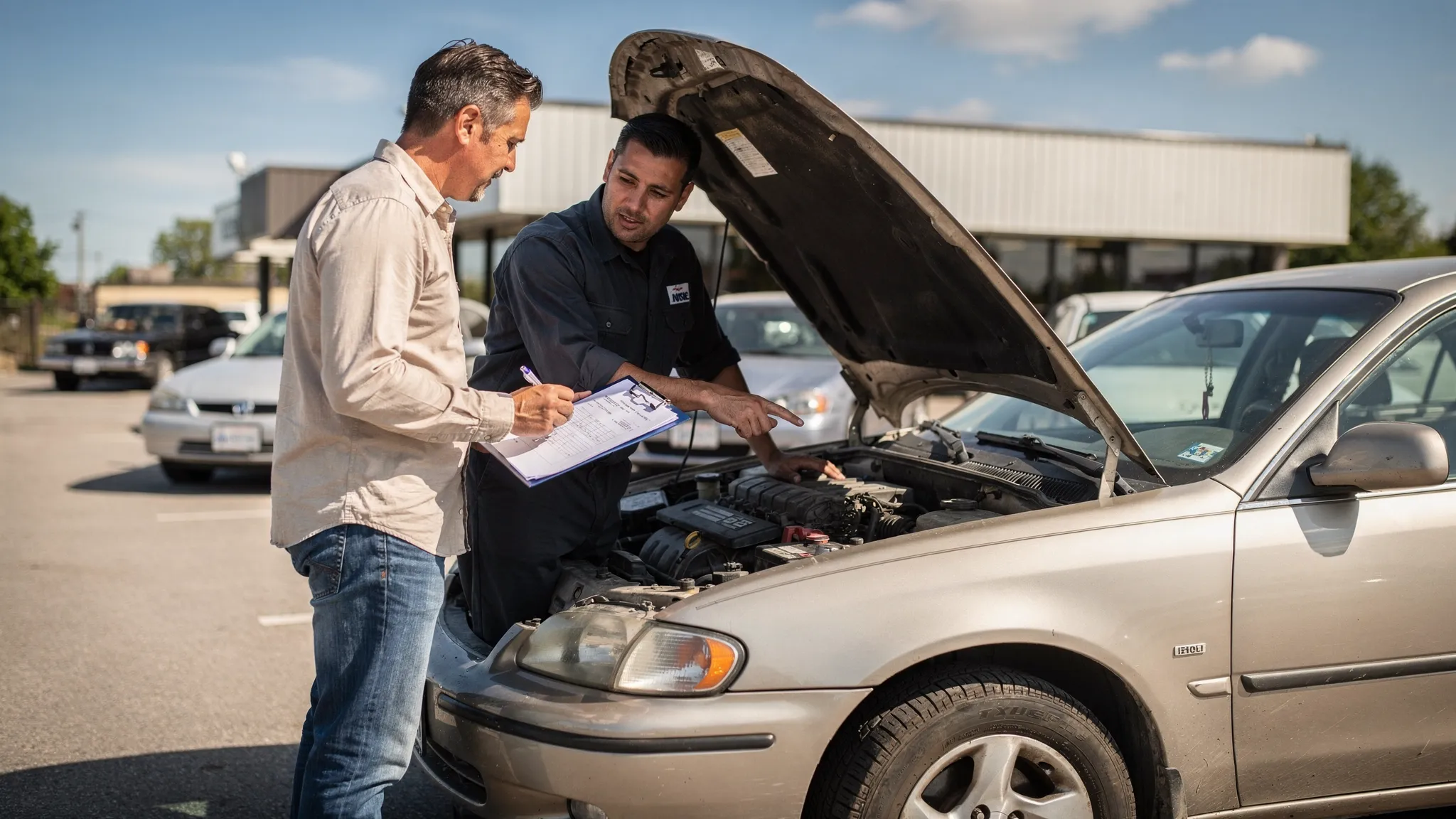 A buyer and a mechanic inspecting a used car in daylight near a local dealership, with the car’s bonnet open while they check engine bay, tyres, and documents on a clipboard.