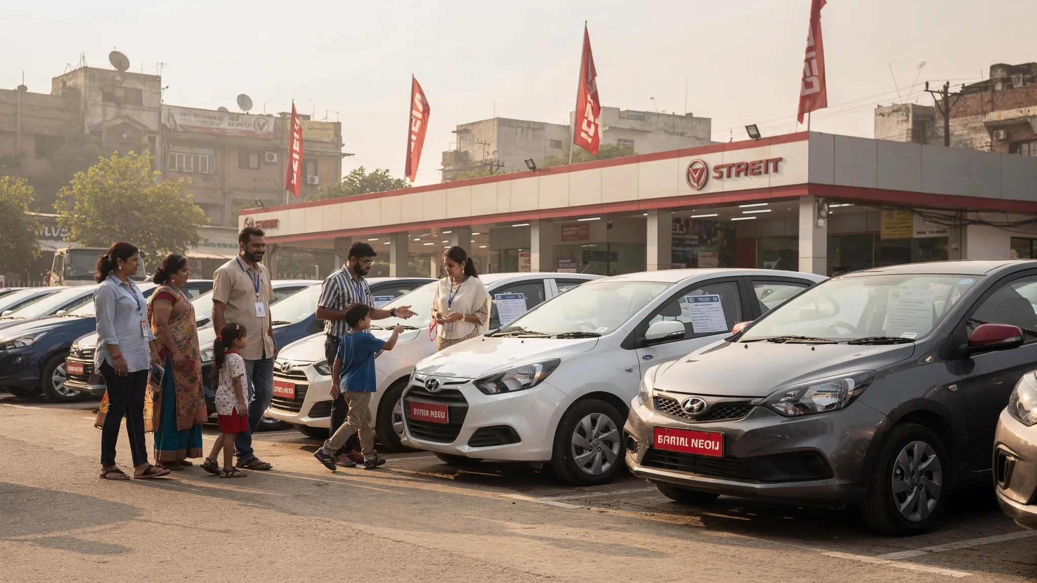 A row of compact hatchbacks and sedans parked in a clean Delhi NCR used car dealership area, with visible inspection tags and families comparing cars in daylight.