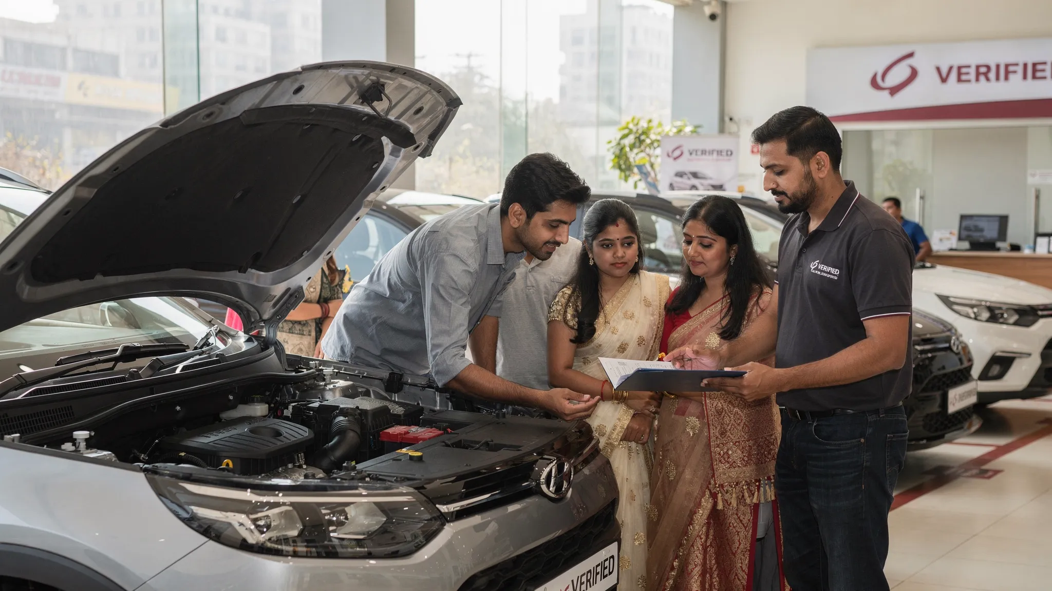 A Delhi NCR family inspecting a used compact SUV at a verified dealer, checking the engine bay and documents before a test drive.