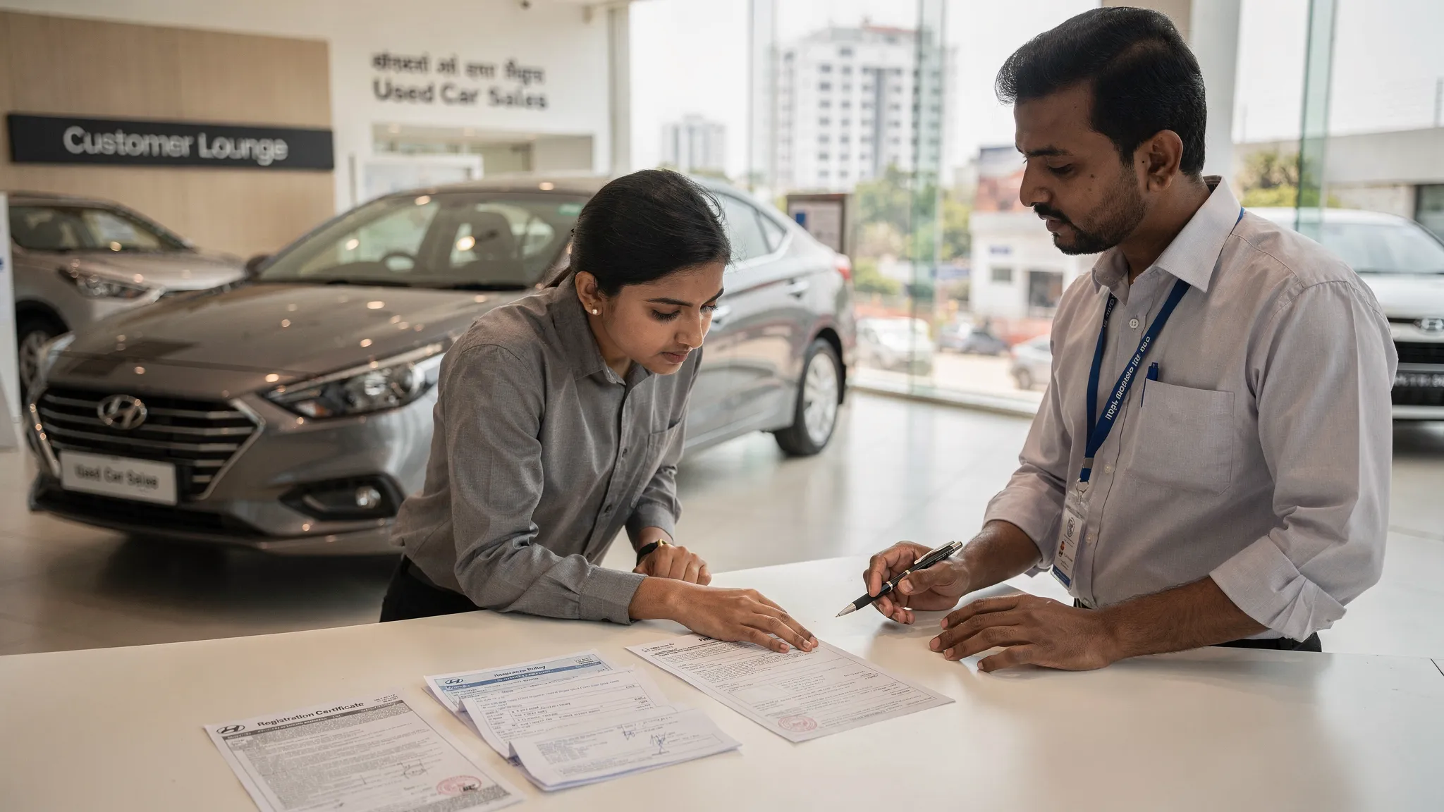 A used car buyer standing at a dealership desk reviewing a car’s RC and insurance papers while the dealer points to key details, with the car parked in the background in an Indian showroom setting.