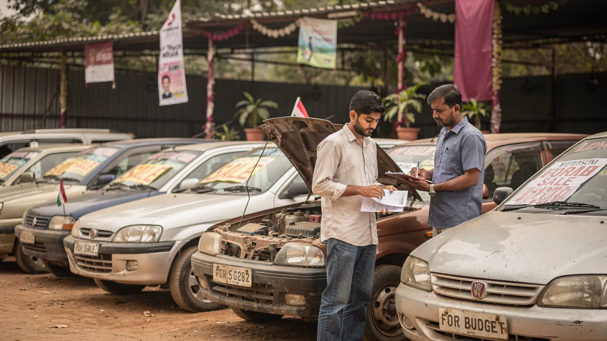 A small used car market in India with older hatchbacks parked in a row, including compact city cars suitable for budget buyers, with a buyer inspecting a car bonnet and paperwork.
