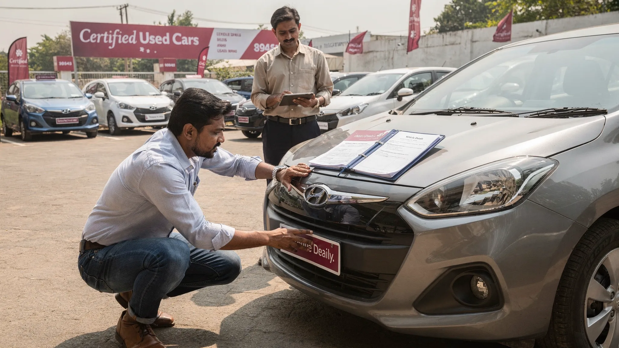 An Indian used car buyer inspecting a clean pre-owned hatchback at a verified dealer lot, checking tyres, paint condition, and documents while comparing options in daylight.