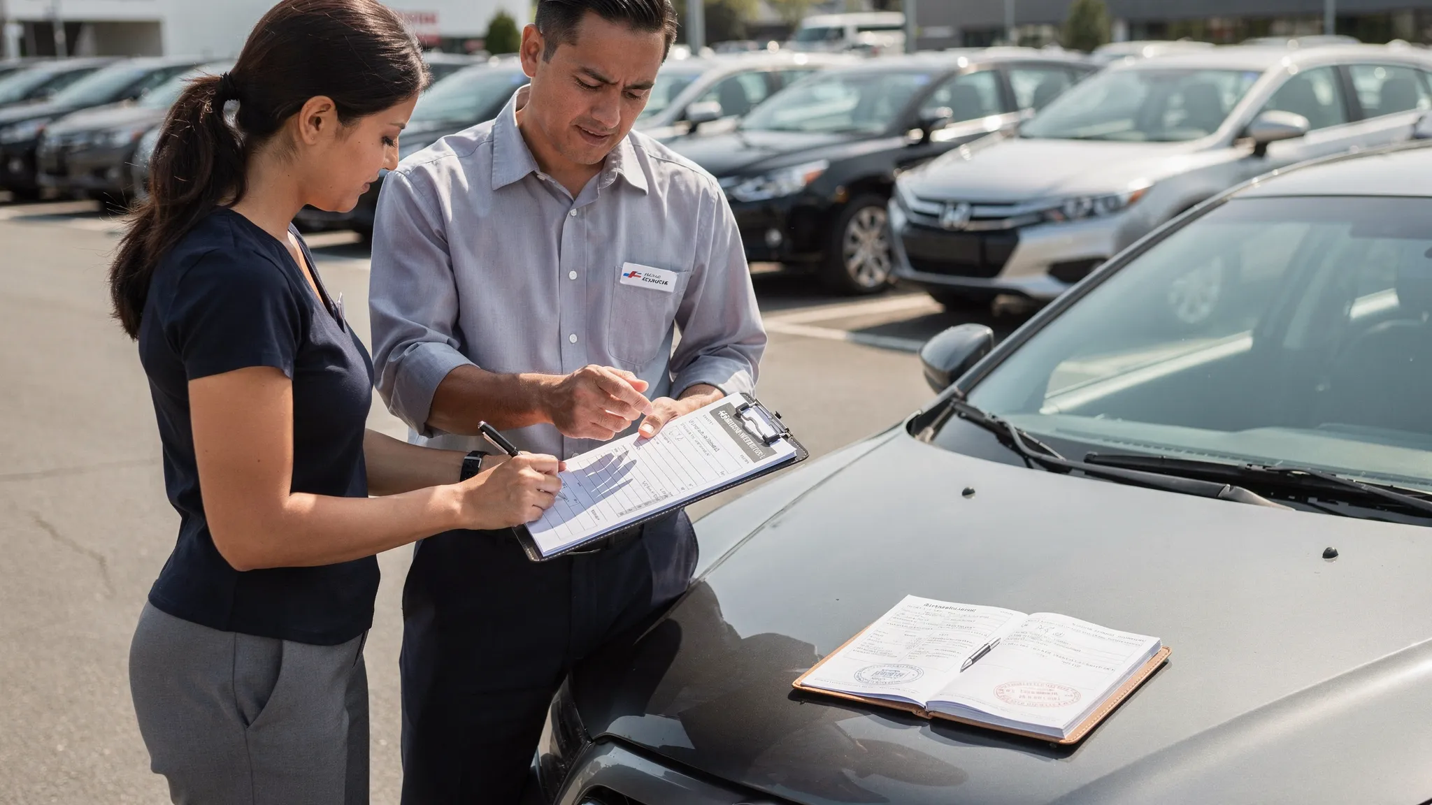 A buyer and dealer standing beside a used car in a dealership lot, reviewing a checklist on a clipboard while the car’s RC file and service booklet are visible on the car’s bonnet.