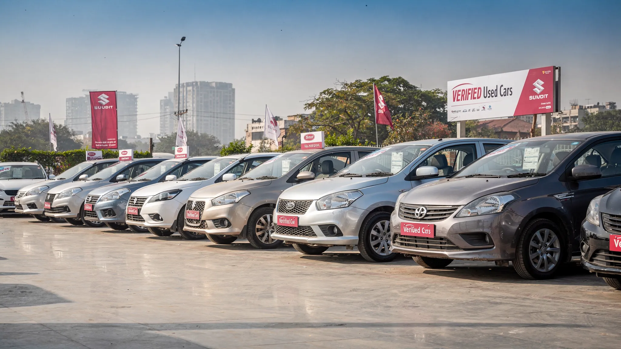 A clean row of second hand sedans parked at a verified used car dealership in Delhi NCR, with compact sedans and mid-size sedans lined up for inspection on a sunny day.