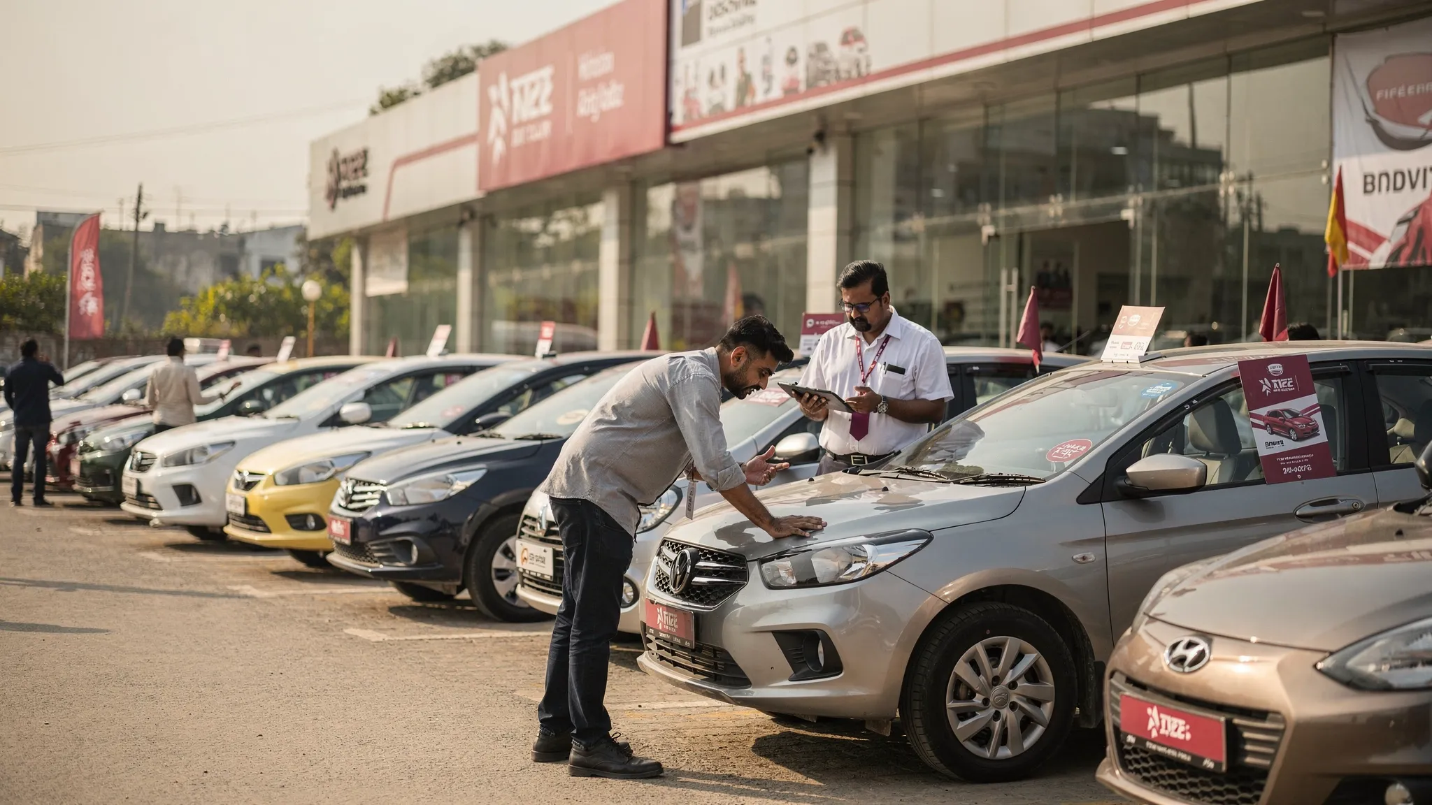 A row of used hatchbacks, sedans and SUVs parked outside a Delhi NCR car dealership, with a buyer inspecting the exterior condition of a car while a dealer stands nearby.