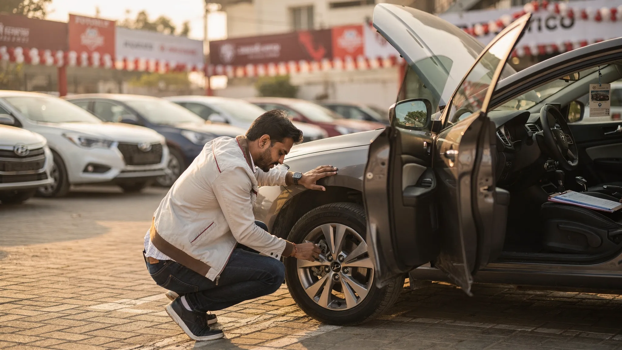 A buyer inspecting a verified used car at a Delhi NCR dealer lot, checking tyres, paint condition, documents and engine bay before a test drive.