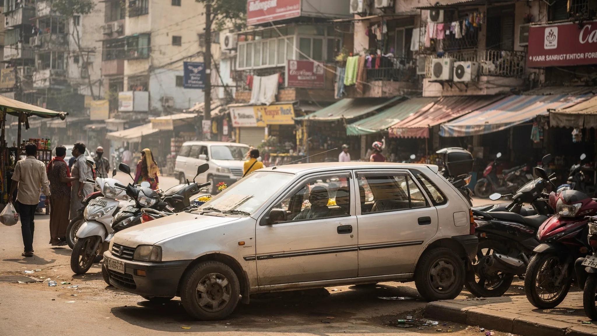 A compact older hatchback parked on a busy Indian city street with scooters, small shops, and apartment buildings around it, showing a practical budget car suited for daily urban driving.