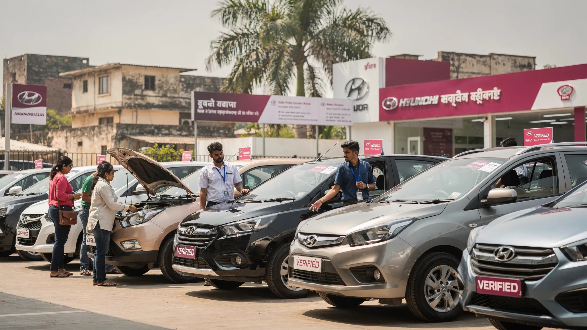 A row of clean verified used cars parked at a dealership in India, including hatchbacks, sedans, compact SUVs, and an MPV, with buyers inspecting vehicles in daylight.