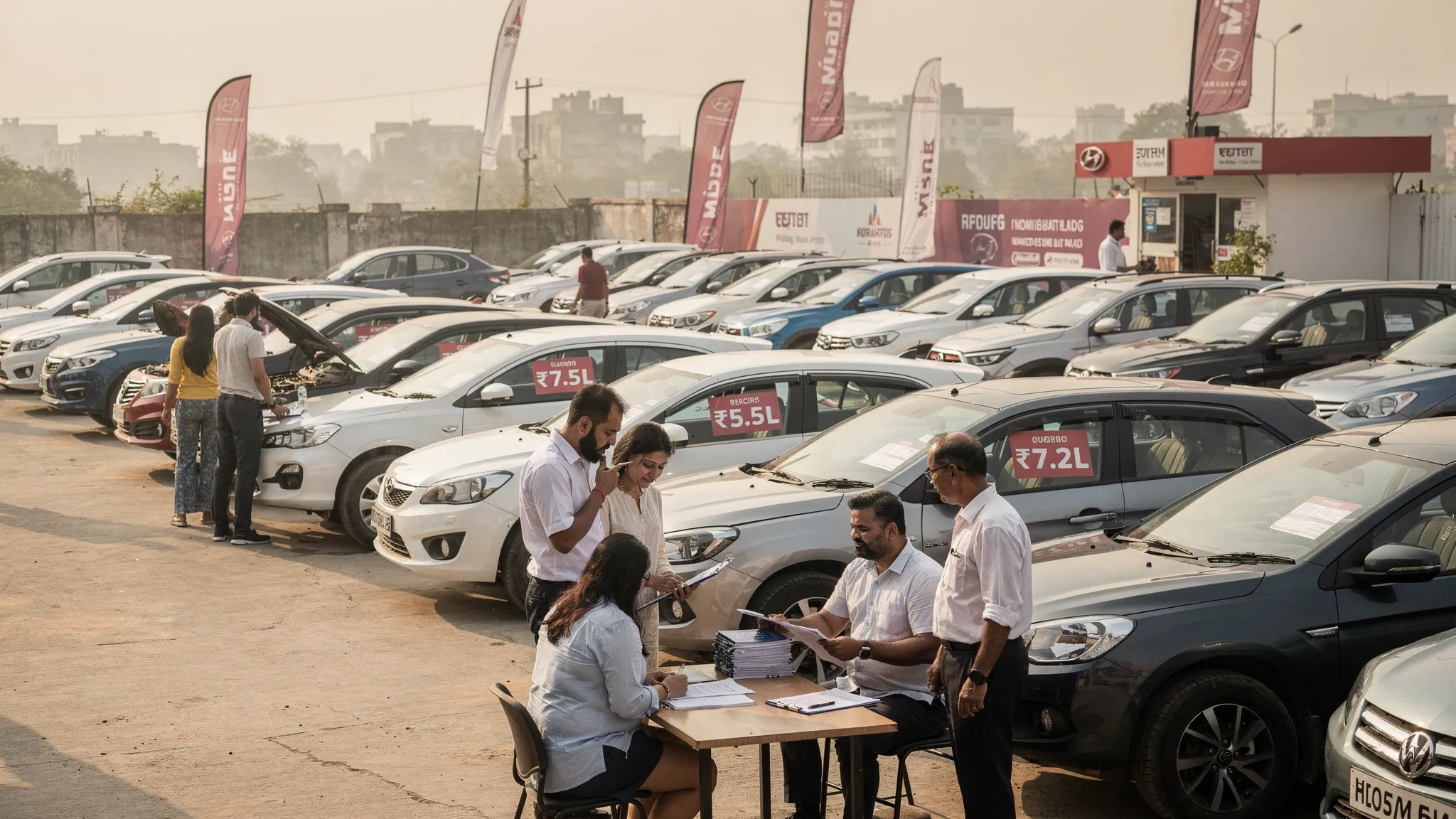 Rows of used hatchbacks, sedans and SUVs parked at a trusted Delhi NCR dealer yard, with buyers comparing car condition, price tags and documents before a test drive.
