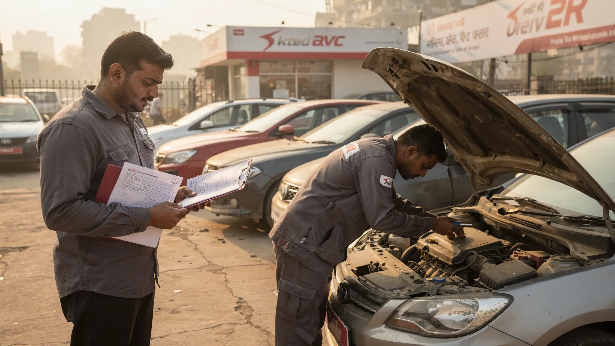 A used car inspection in Delhi NCR with a buyer reviewing vehicle papers while a mechanic checks the engine bay at a local dealer lot.