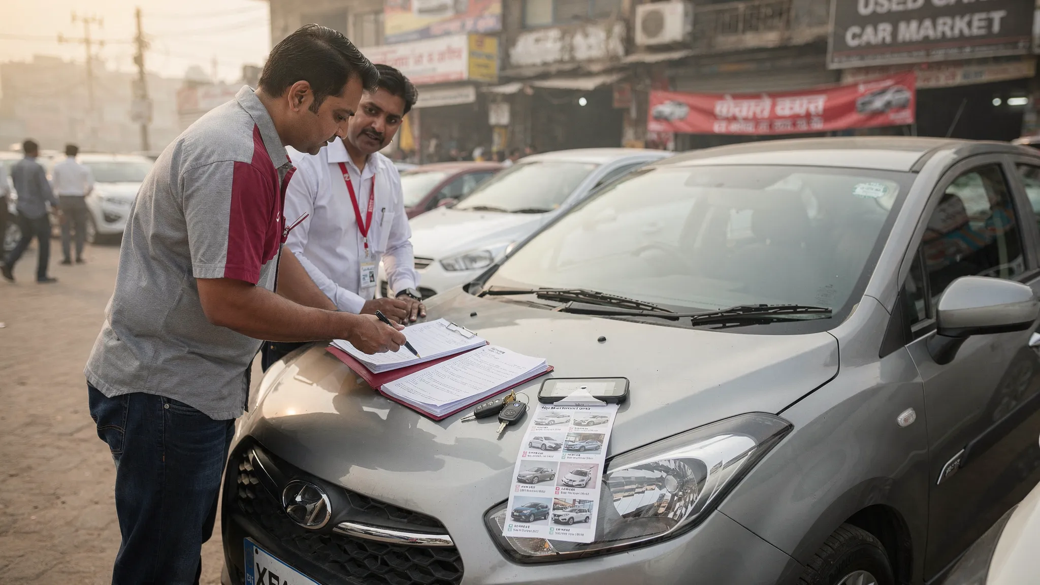 A used car buyer and seller inspecting a hatchback in a Delhi NCR car market, with documents, keys, and a phone showing car listings on the bonnet.