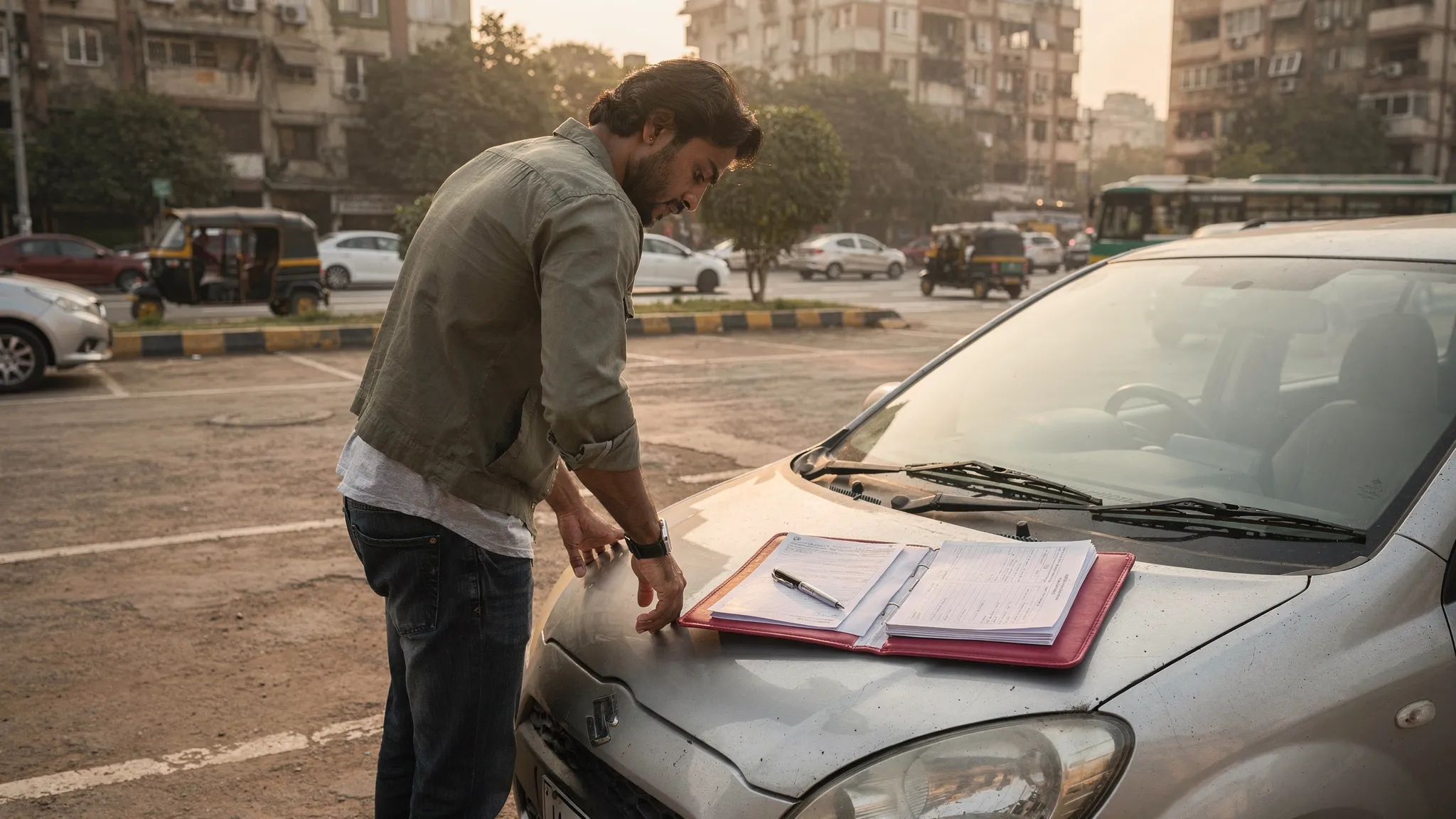 A buyer inspecting a used hatchback with car documents placed on the bonnet in a Delhi NCR parking area, with city traffic and apartment buildings in the background.