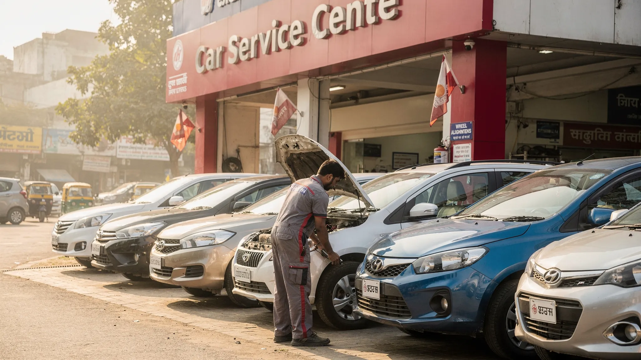A row of well-maintained used hatchbacks, sedans and MPVs parked outside an Indian car service centre, with a mechanic inspecting tyres and engine bay in daylight.