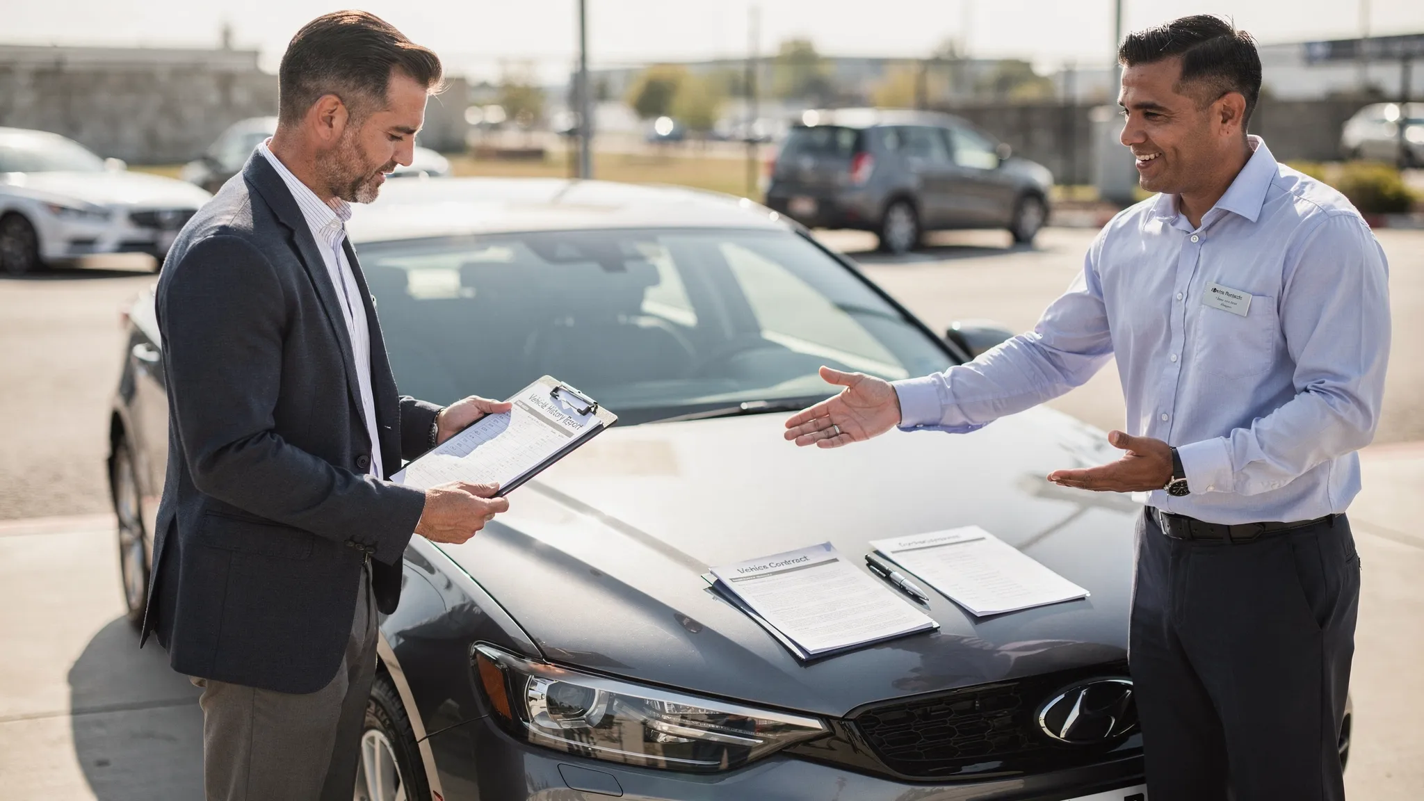 A buyer inspecting a used car in daylight with a checklist while a trusted dealer explains the vehicle details, with the car parked in an open area and documents placed neatly on the bonnet.