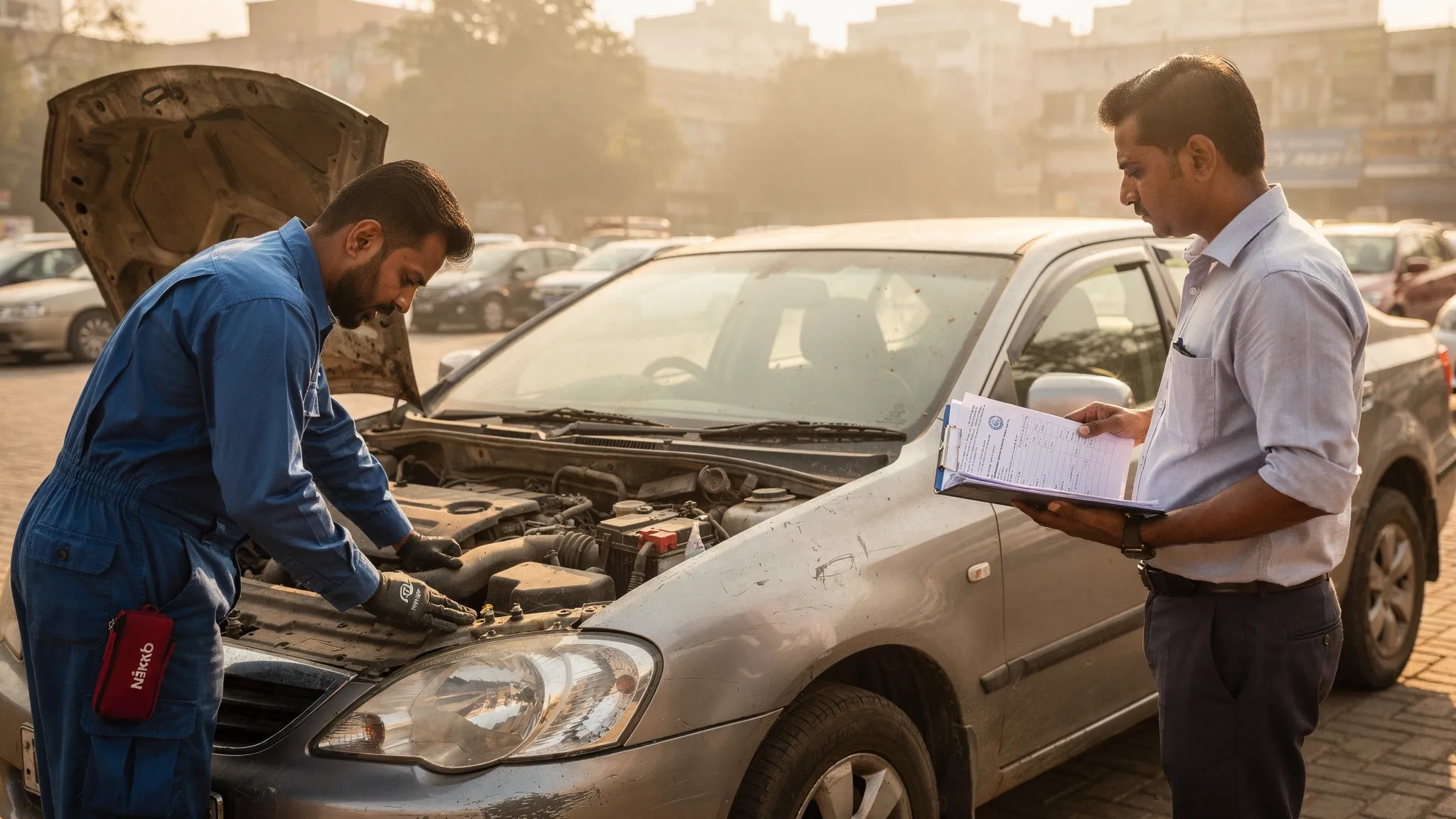 A used car being inspected in a Delhi parking area, with a mechanic checking the engine bay while a buyer reviews documents beside the vehicle.