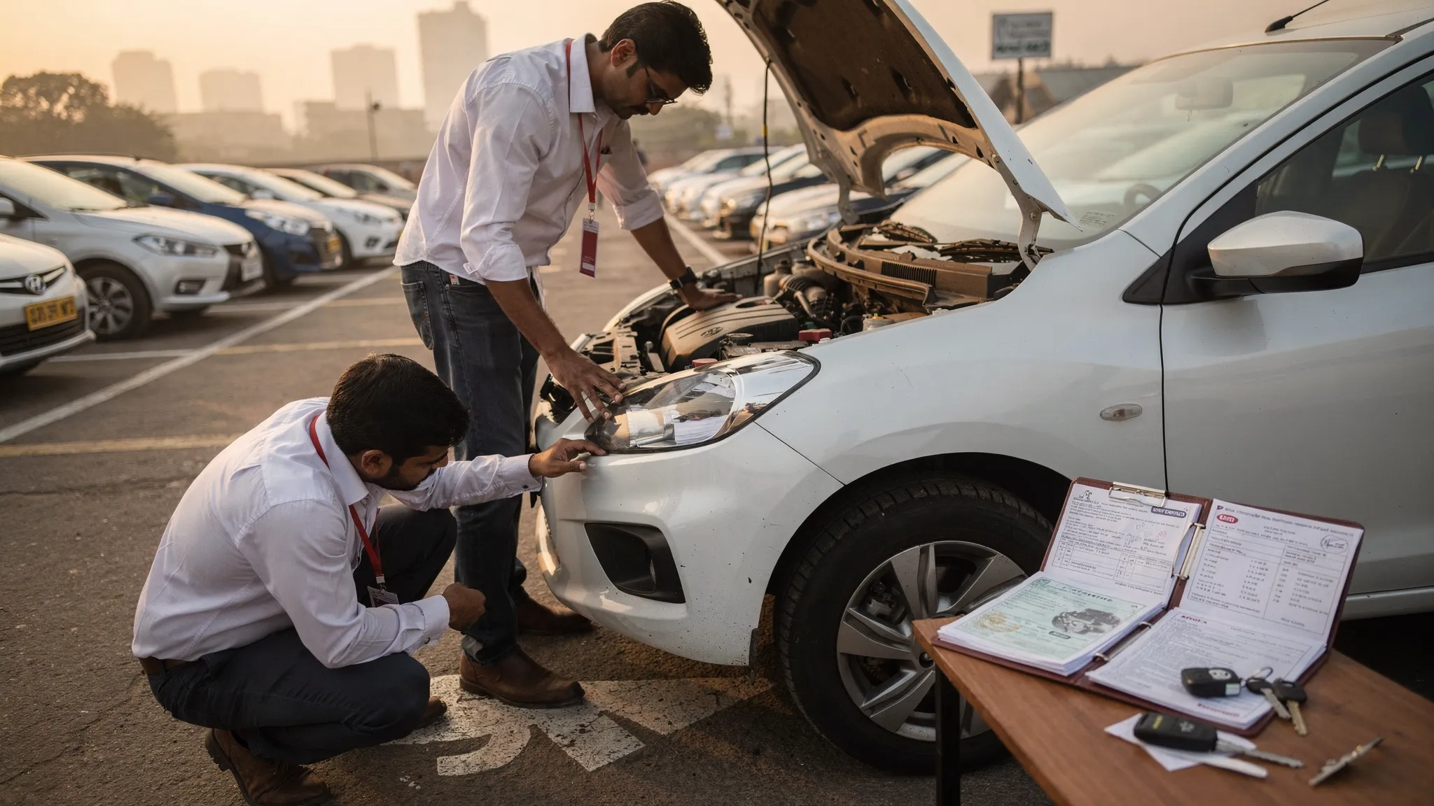 A used car buyer inspecting a hatchback in a Delhi NCR parking area, checking tyres, body panels, engine bay, documents and keys before a test drive.