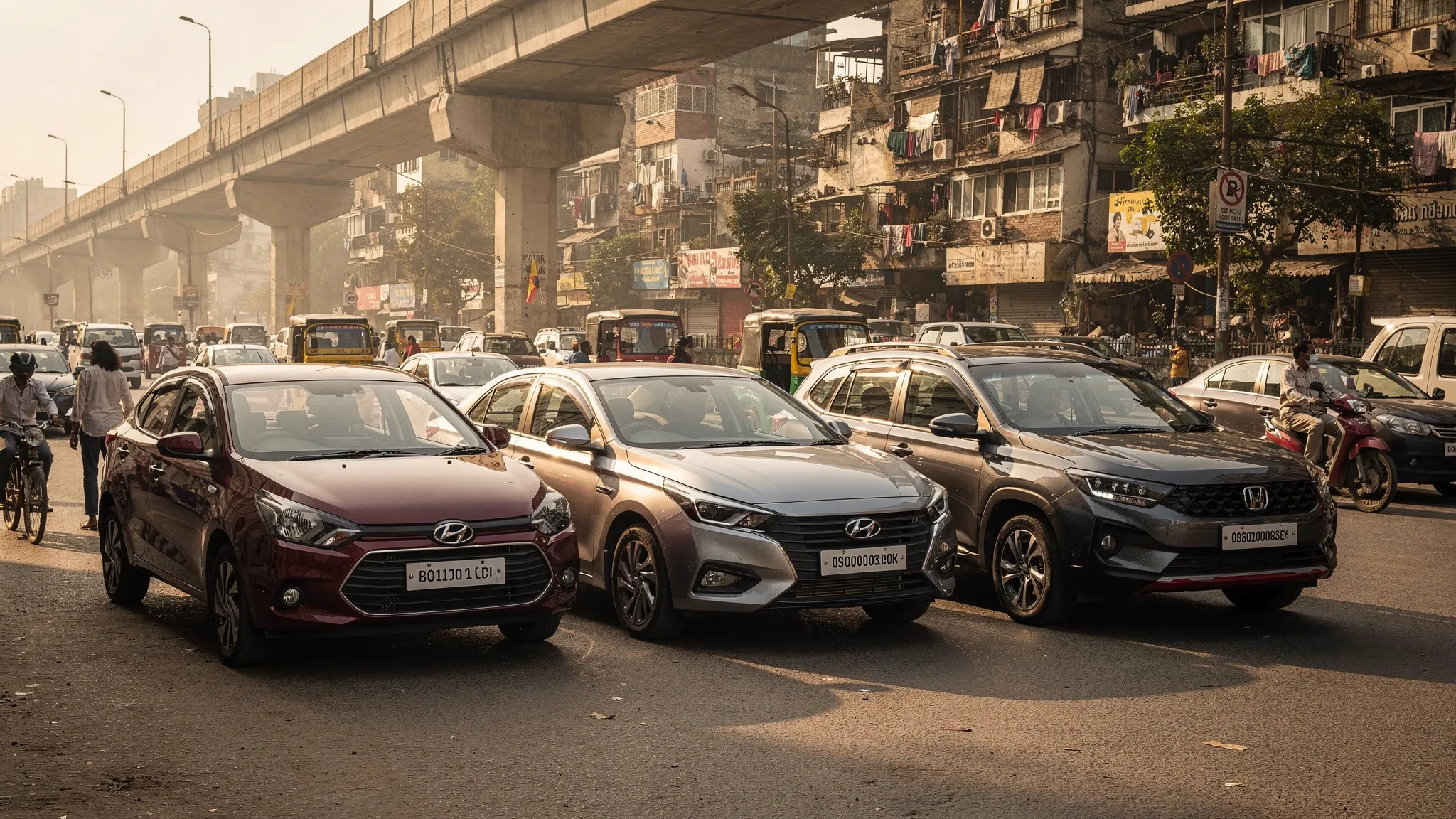 A compact hatchback, sedan, and compact SUV parked on a busy Delhi street with metro pillars, traffic, and residential buildings in the background, representing practical car choices for city buyers.