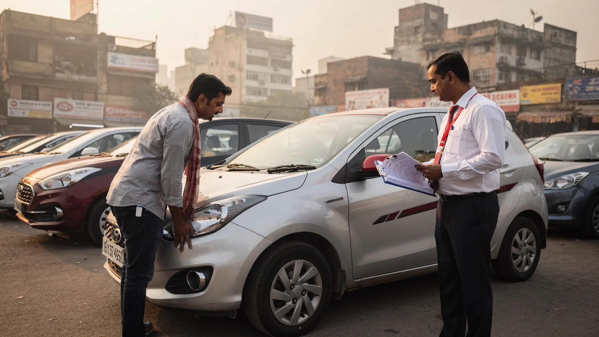 A used car buyer inspecting a hatchback in a Delhi parking area while a dealer shows documents, with other cars parked nearby and city buildings in the background.