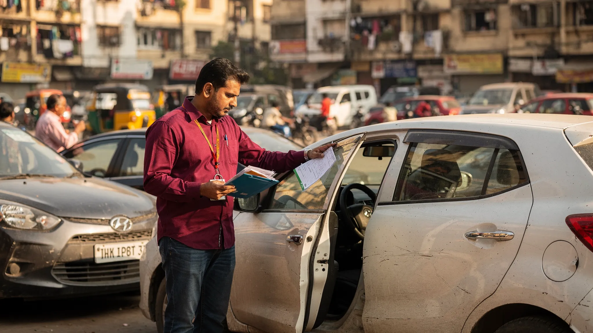 A buyer inspecting a used hatchback in a Delhi NCR parking area while checking car documents, with city traffic and apartment buildings in the background.
