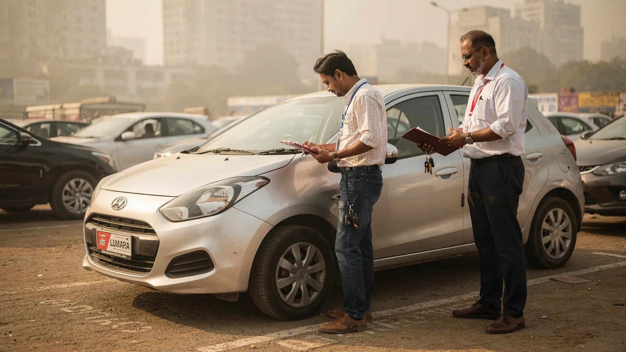 A buyer inspecting a used hatchback in a Delhi NCR parking area, checking tyres, engine bay and documents while a dealer stands nearby with the car keys.