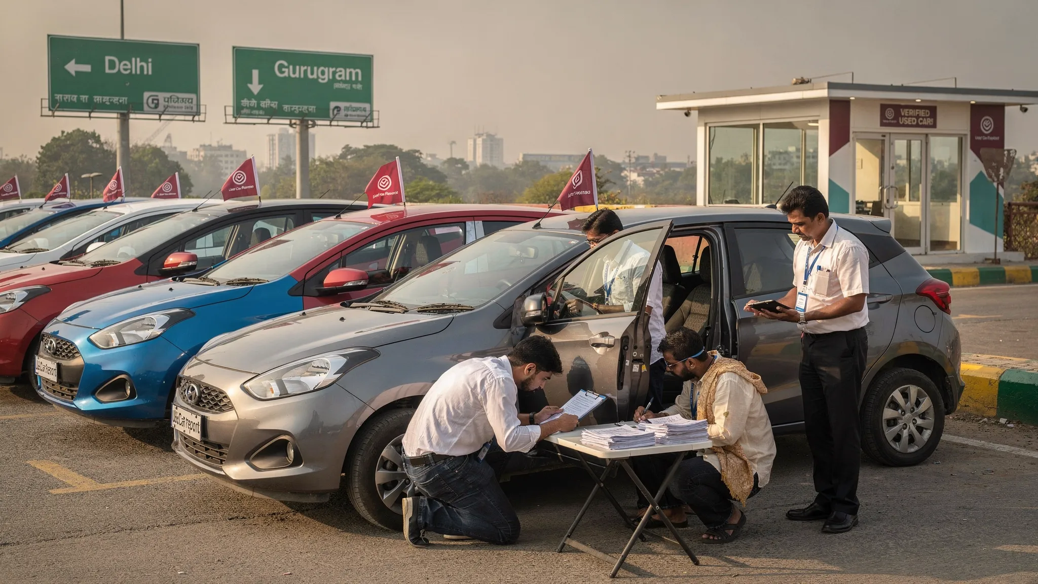 Compact used hatchbacks parked at a verified used car dealership in Delhi NCR, with Delhi and Gurugram signboards nearby and buyers inspecting vehicle documents and car condition.