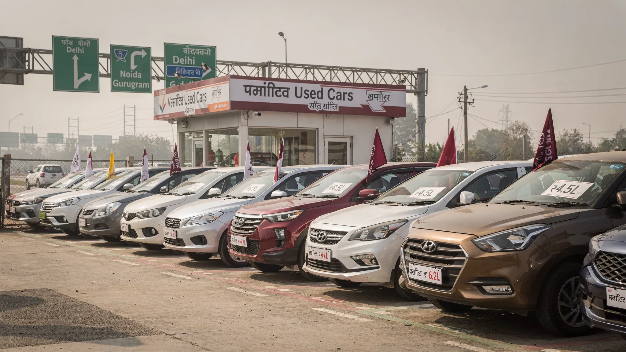 A row of clean second hand hatchbacks, sedans and compact SUVs parked at a verified Delhi used car dealership, with Delhi NCR road signs in the background and price tags visible on windshields.