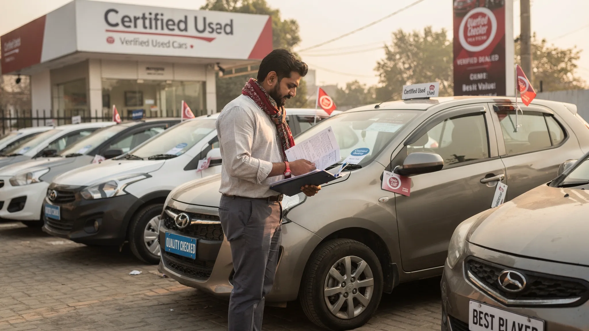 A buyer inspecting a compact used hatchback at a verified car dealer lot in Delhi NCR, checking documents and exterior condition while the car is parked among other budget used cars.