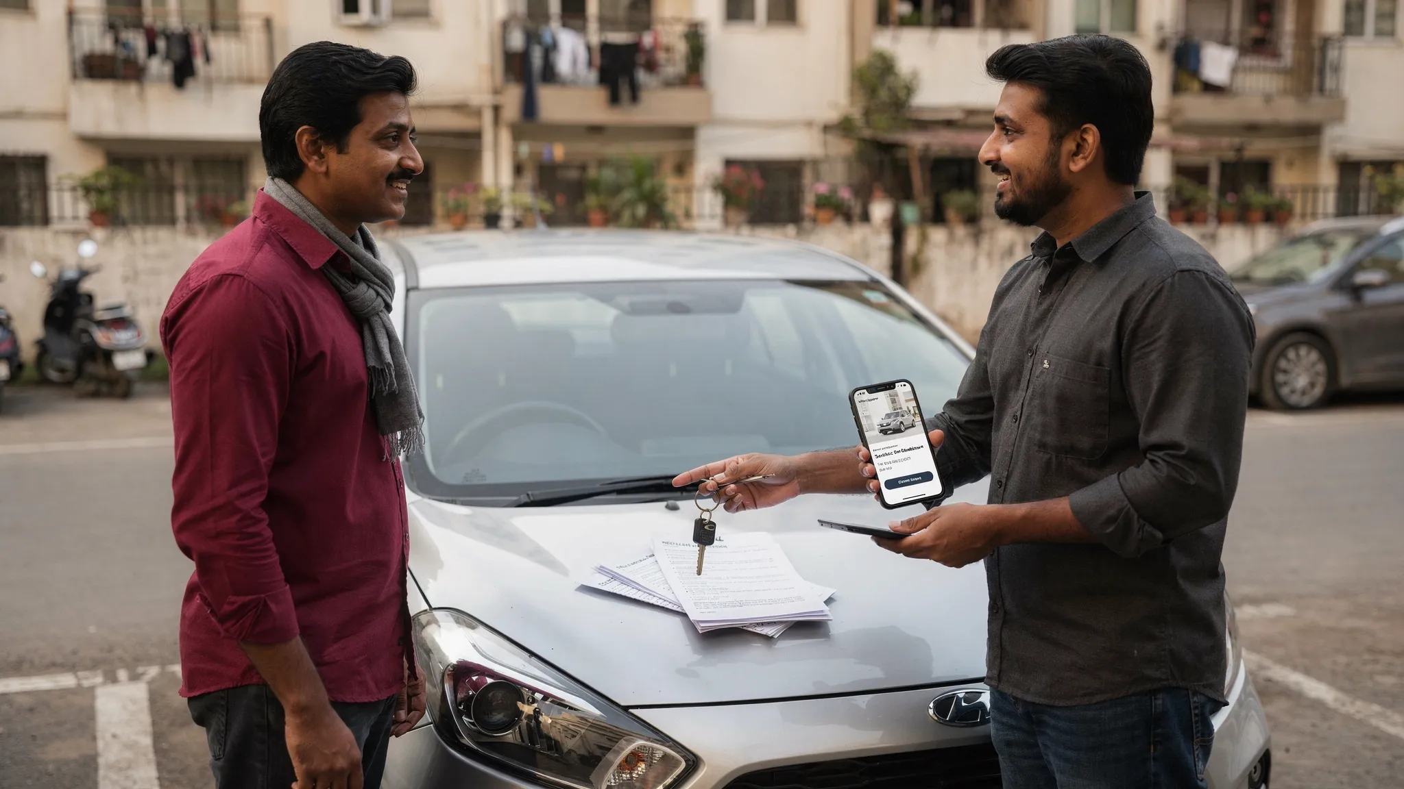A used car buyer and seller standing beside a clean hatchback in a Delhi NCR residential parking area, with car documents, keys, and a phone showing a vehicle listing.