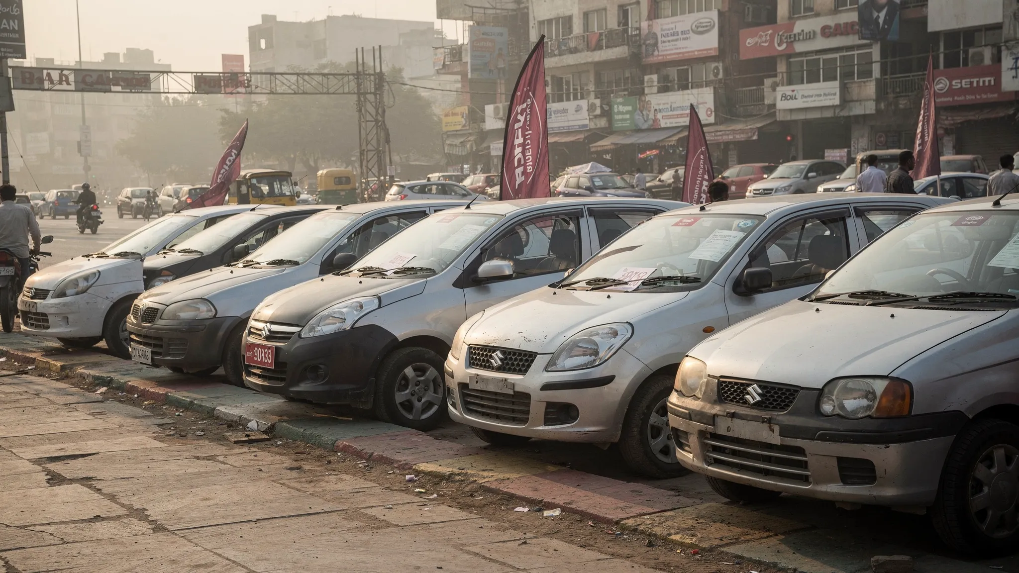A row of compact used hatchbacks parked in a Delhi NCR used car market, including small petrol cars suitable for budget buyers, with a busy urban road in the background.