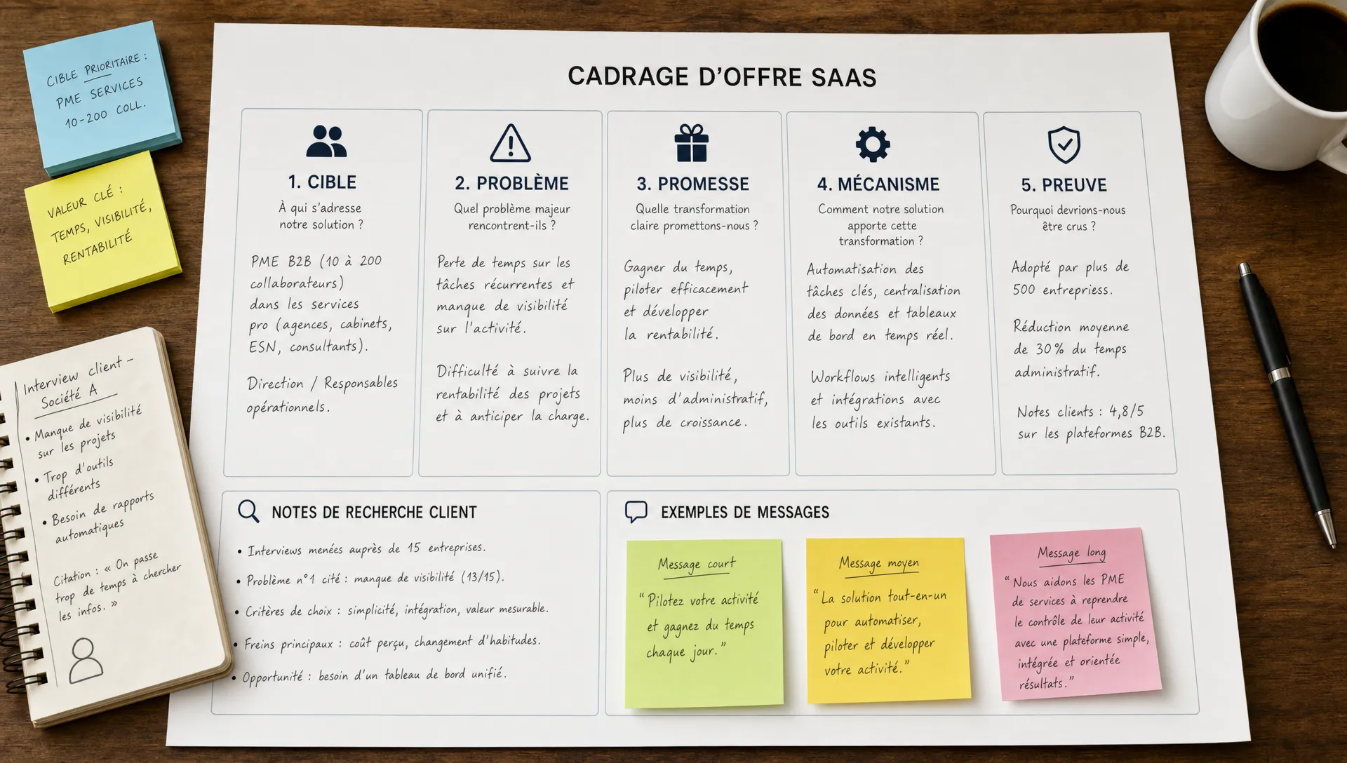 Un tableau de cadrage d’offre SaaS avec cinq blocs visibles : cible, problème, promesse, mécanisme et preuve, accompagné de notes de recherche client et d’exemples de messages sur une table.