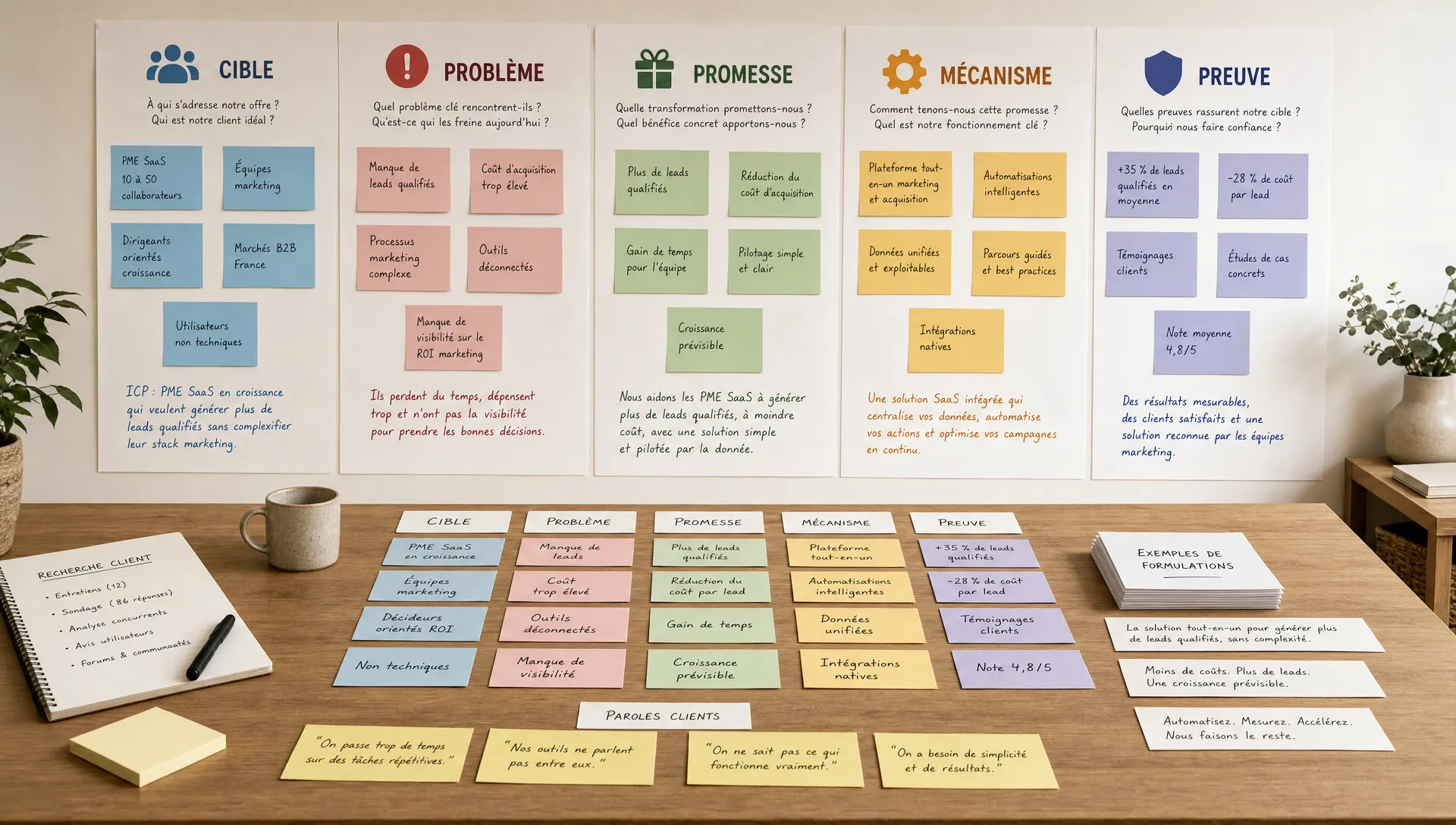 Une scène large en intérieur montrant un atelier de cadrage d’offre SaaS avec un mur ou tableau découpé en cinq zones bien distinctes : cible, problème, promesse, mécanisme et preuve. Au premier plan, une table sobre avec plusieurs cartes de messages, des notes de recherche client et quelques exemples de formulations regroupés par piles. Aucune personne visible, aucun écran visible. L’ensemble doit évoquer la clarification du positionnement avant de lancer l’acquisition.