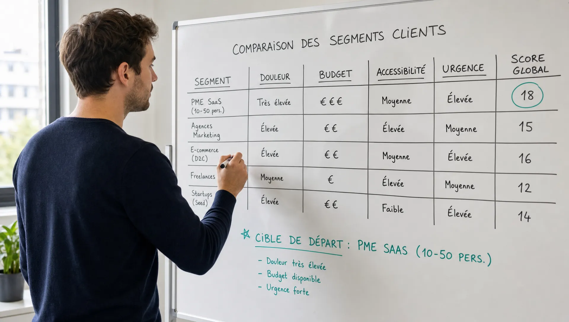 Un fondateur SaaS compare plusieurs segments clients sur un tableau avec des colonnes pour douleur, budget, accessibilité et urgence, afin de choisir une cible de départ avant l'acquisition.