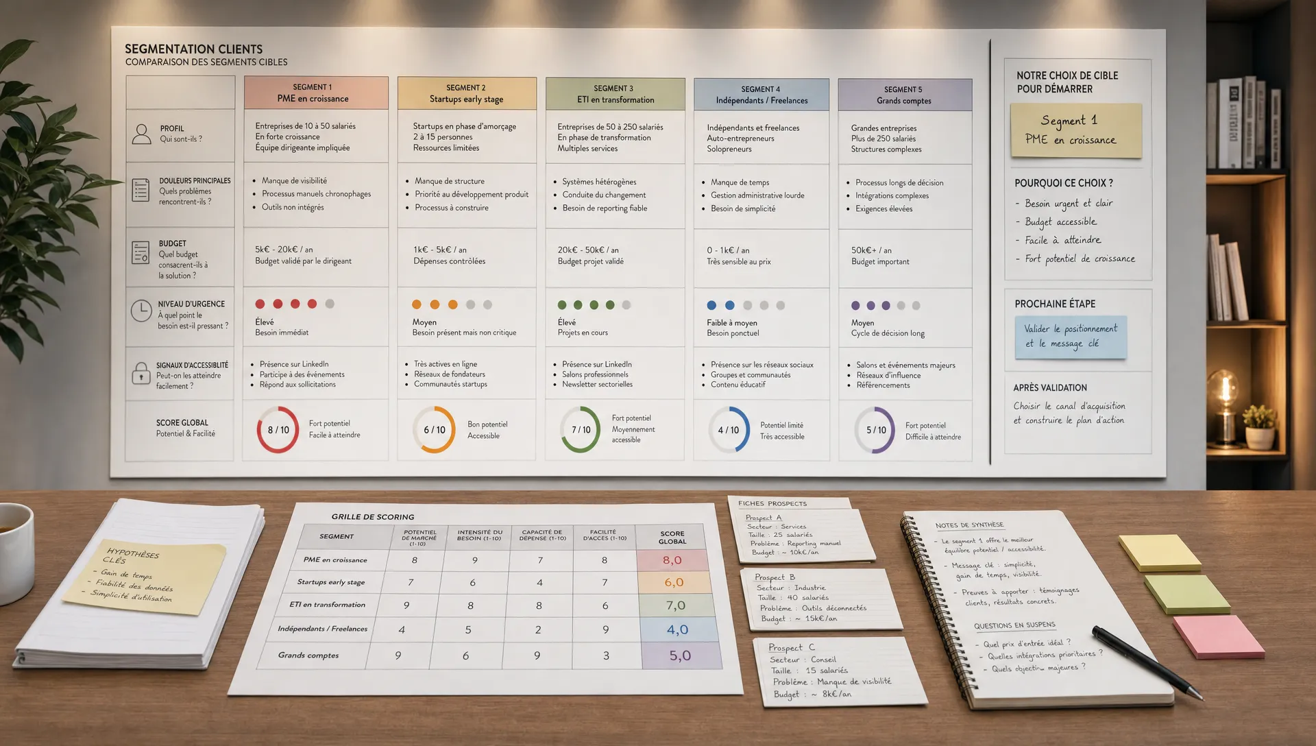 Une scène large en intérieur montrant un espace de décision commerciale avec un grand mur de segmentation en arrière-plan, organisé en plusieurs cartes ou panneaux qui comparent des profils de clients, des douleurs, des budgets, des niveaux d’urgence et des signaux d’accessibilité. Au premier plan, une table sobre avec une grille de scoring, quelques fiches de prospects et des notes de synthèse, sans personne visible et sans écran visible. L’ensemble doit évoquer le choix d’une cible de départ pour un SaaS, avant de décider du canal et du plan d’action.